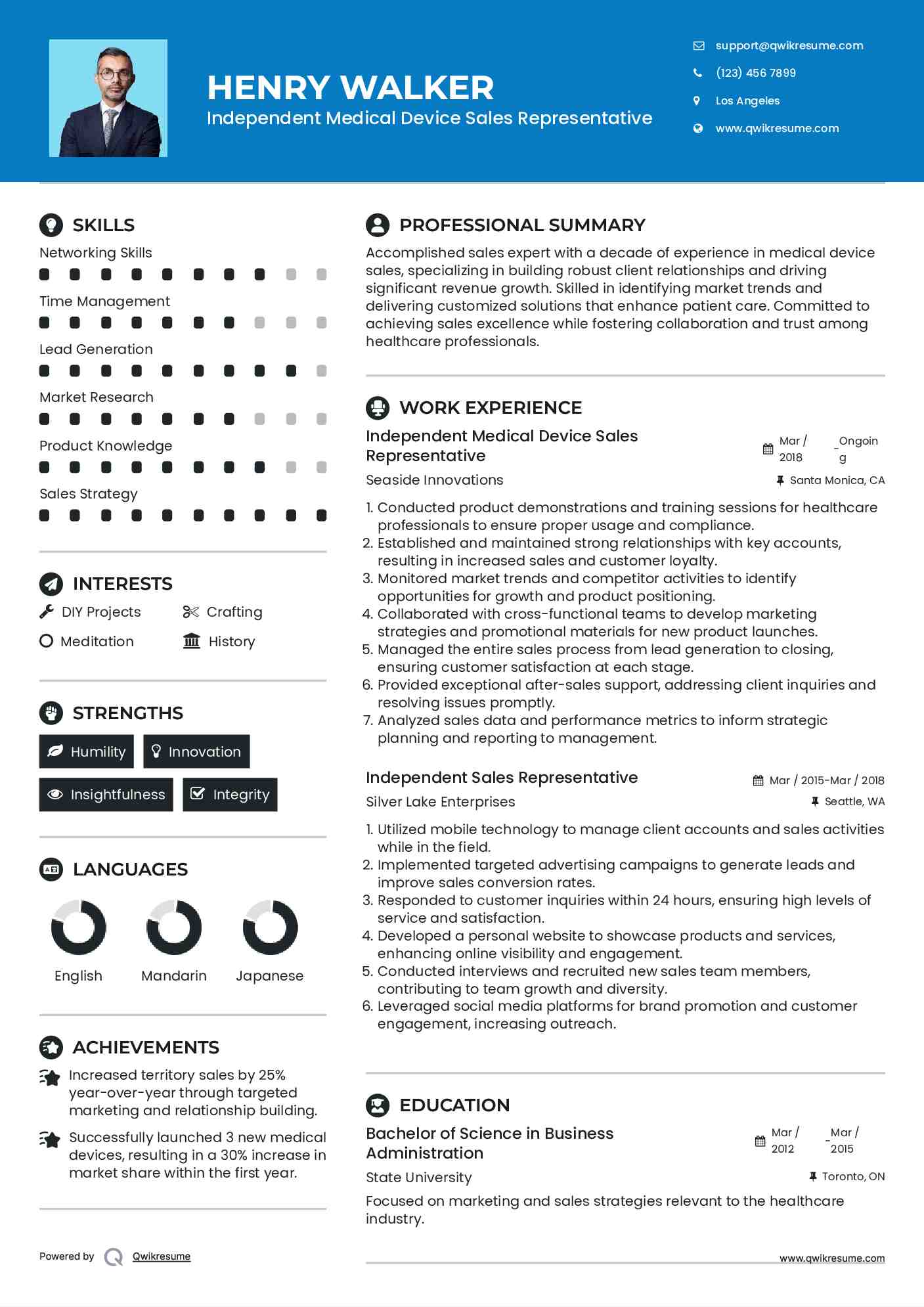 Independent Medical Device Sales Representative Resume Example