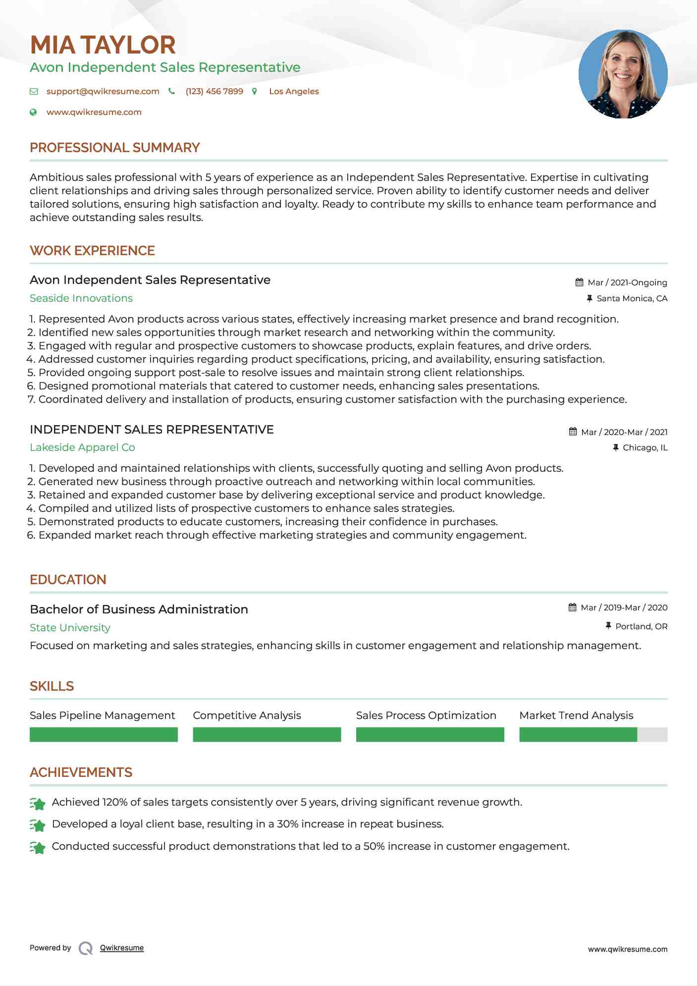 Avon Independent Sales Representative
 Resume Example