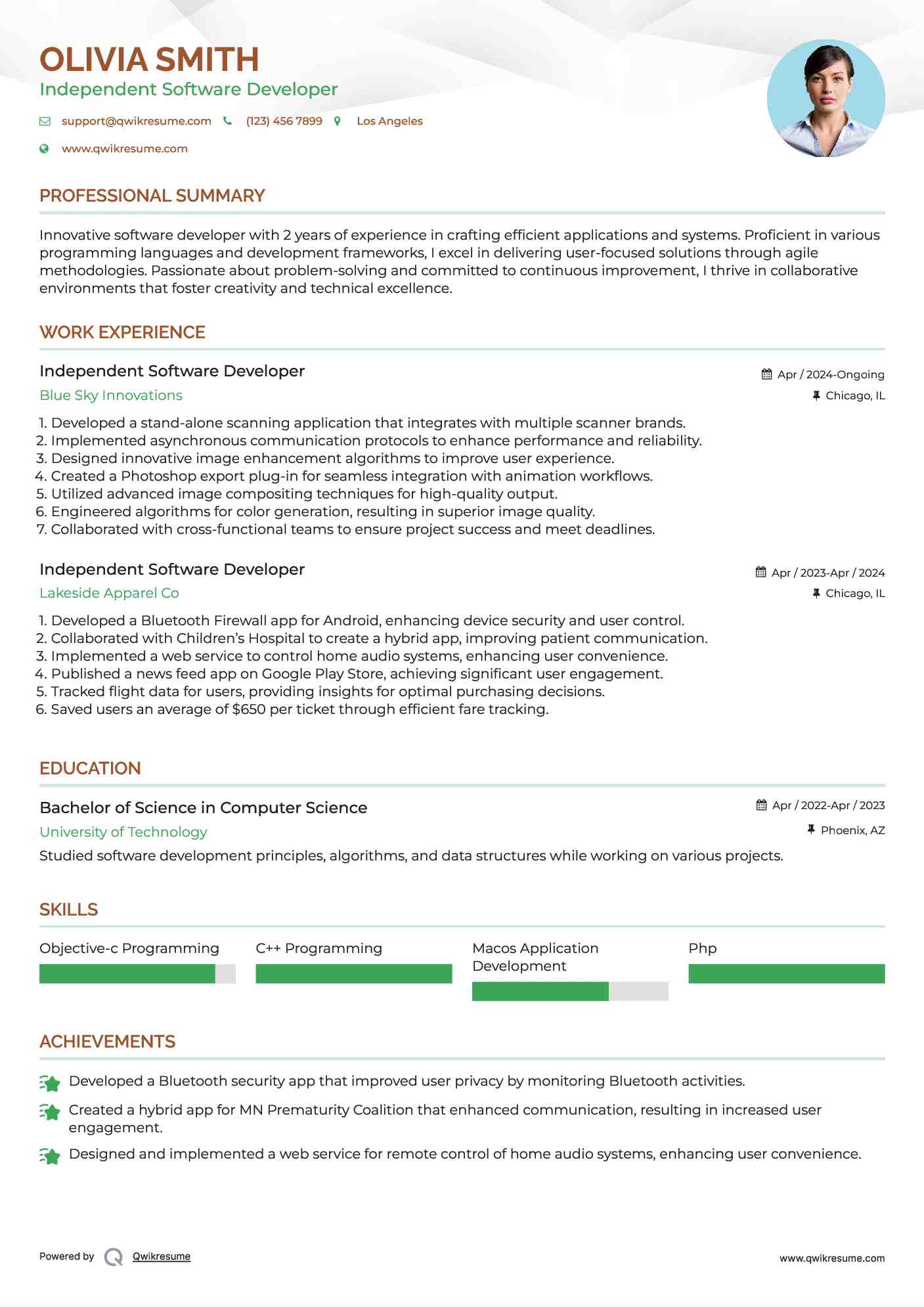 Independent Software Developer Resume Model