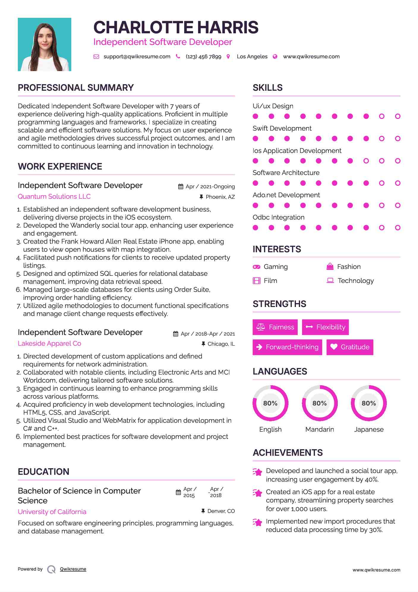 Independent Software Developer Resume Sample