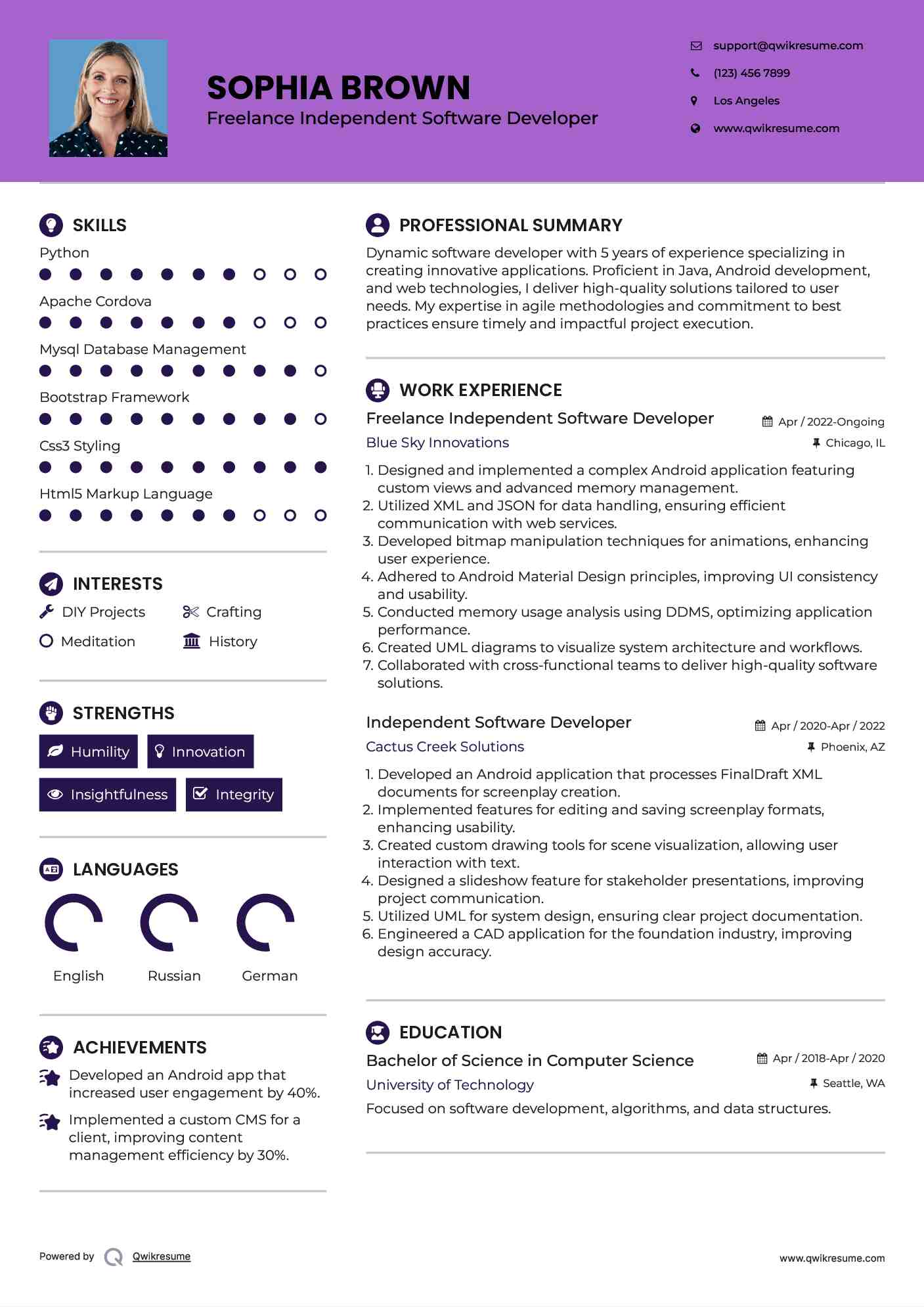 Freelance Independent Software Developer Resume Sample