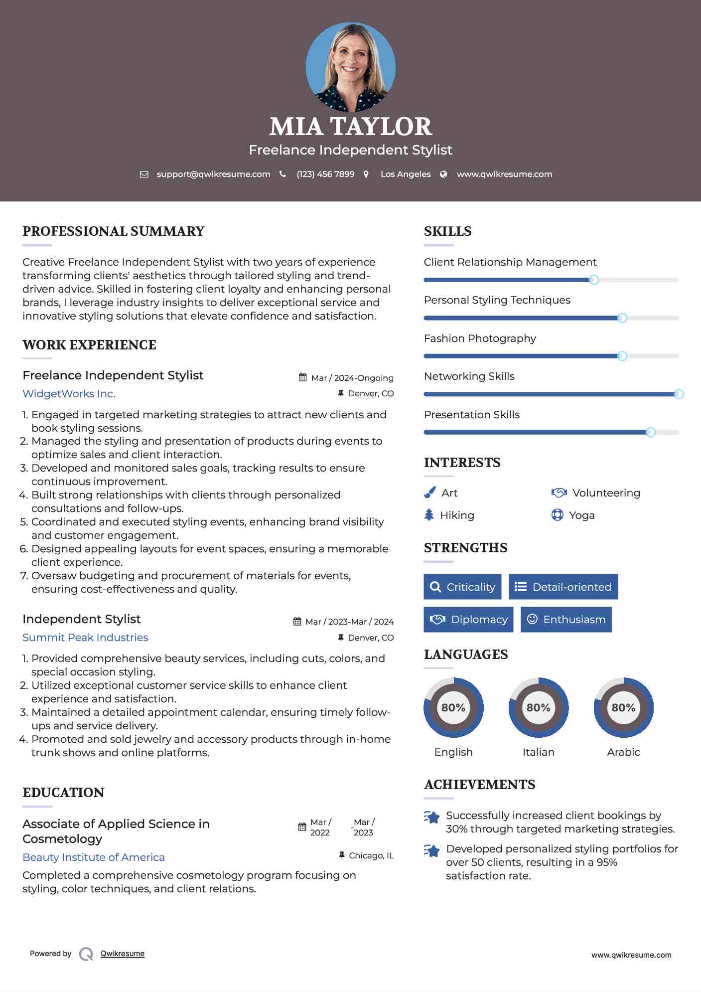 Freelance Independent Stylist Resume Example