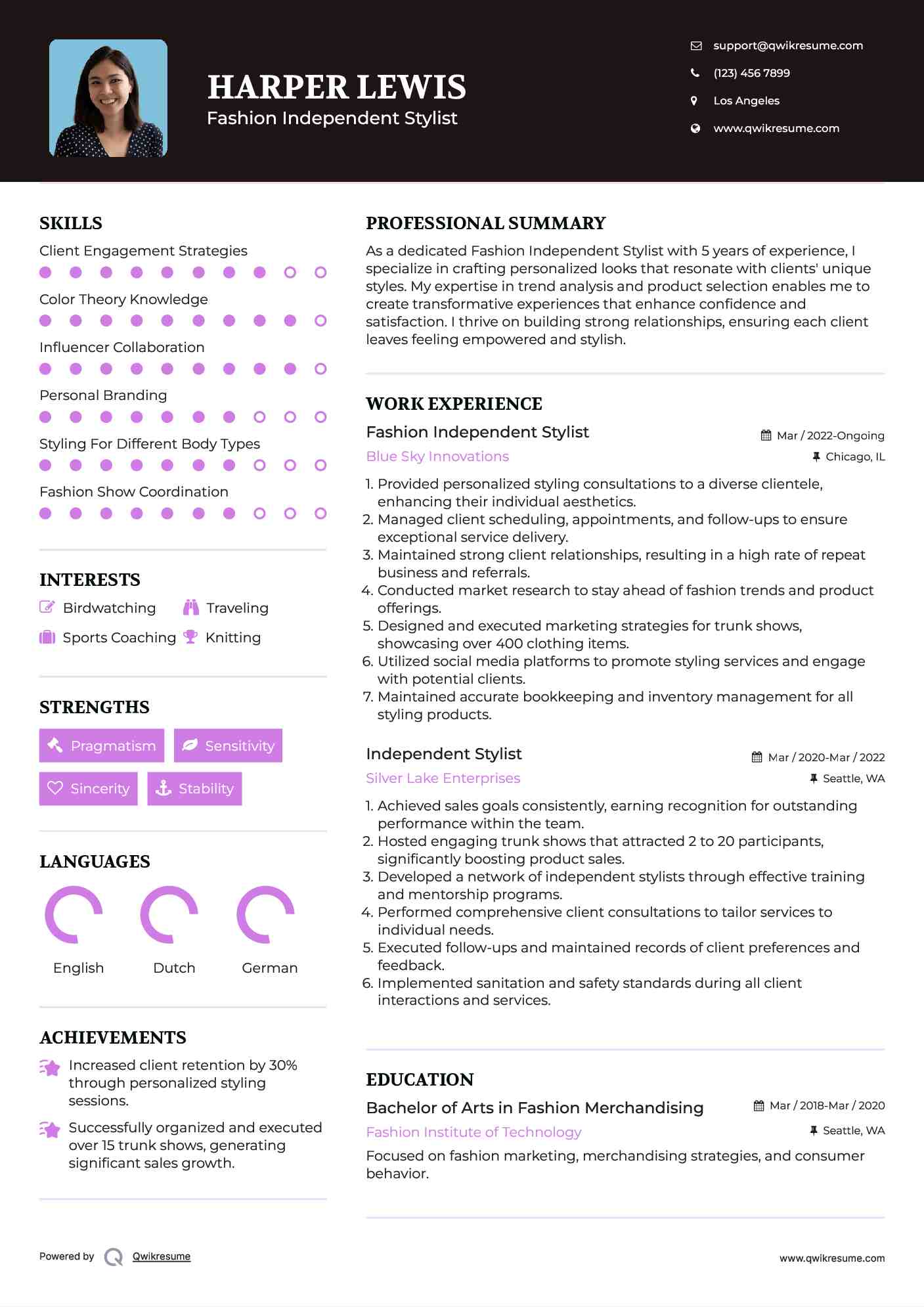 Fashion Independent Stylist Resume Sample