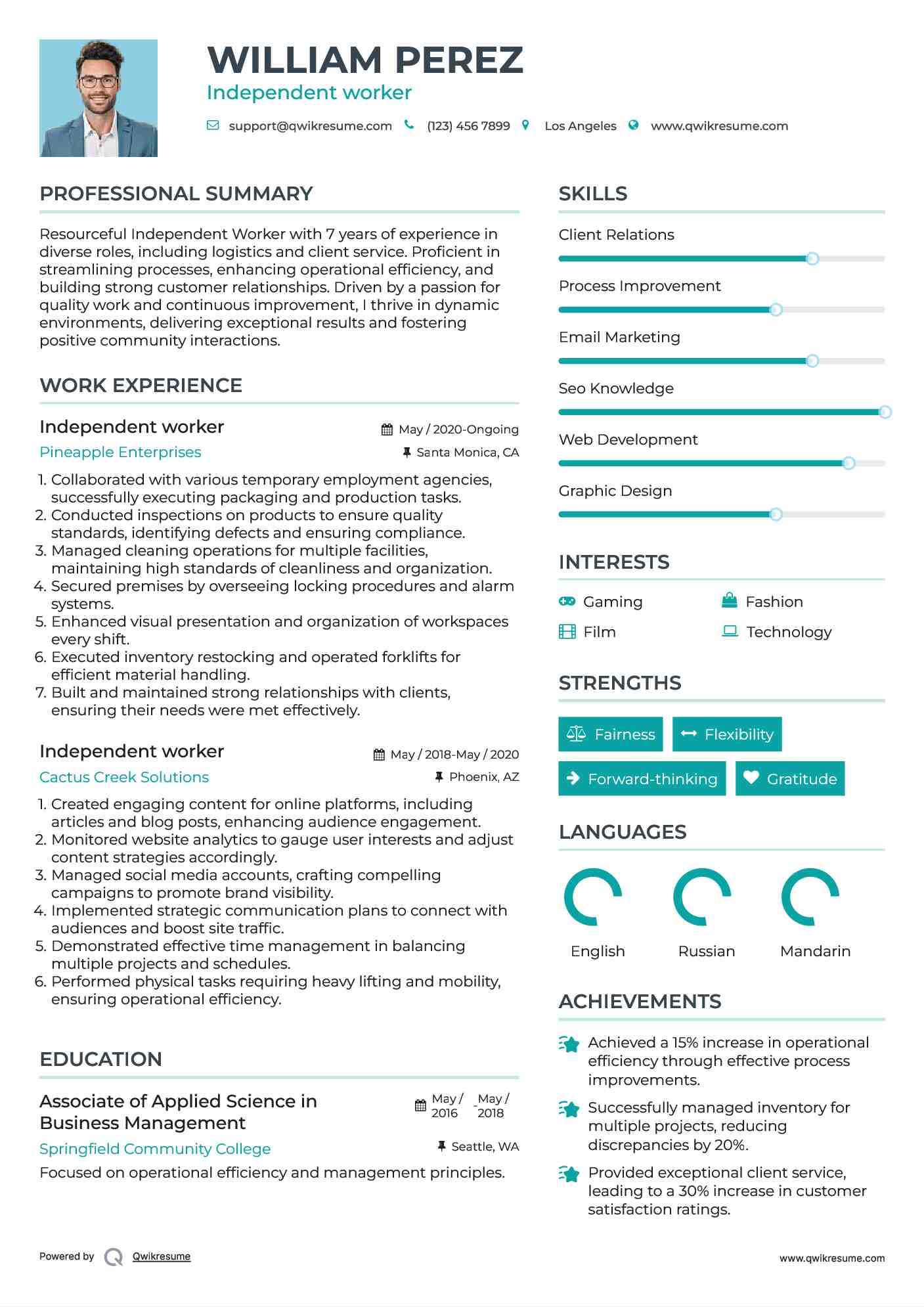 Independent worker Resume Format