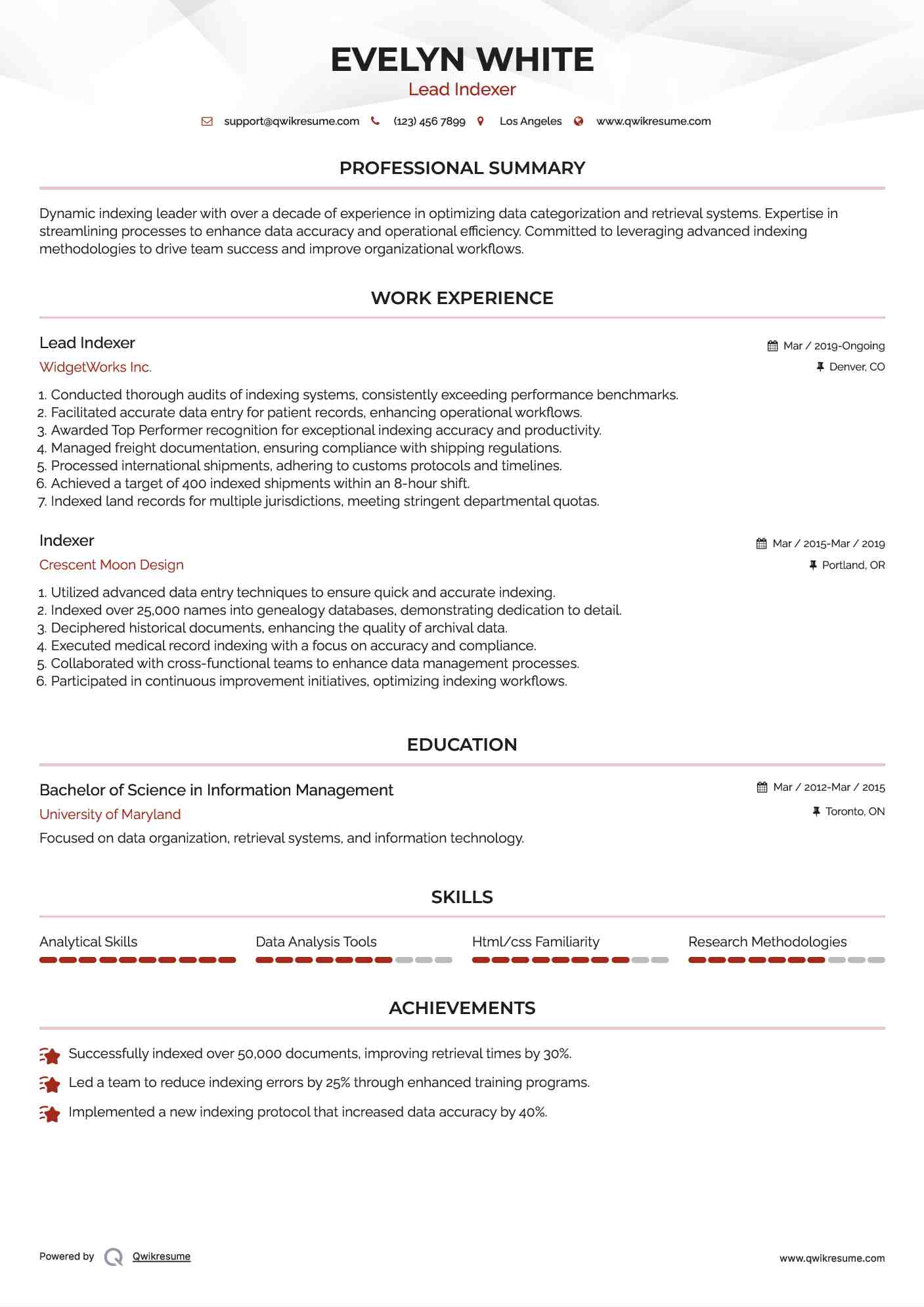 Lead Indexer Resume Template