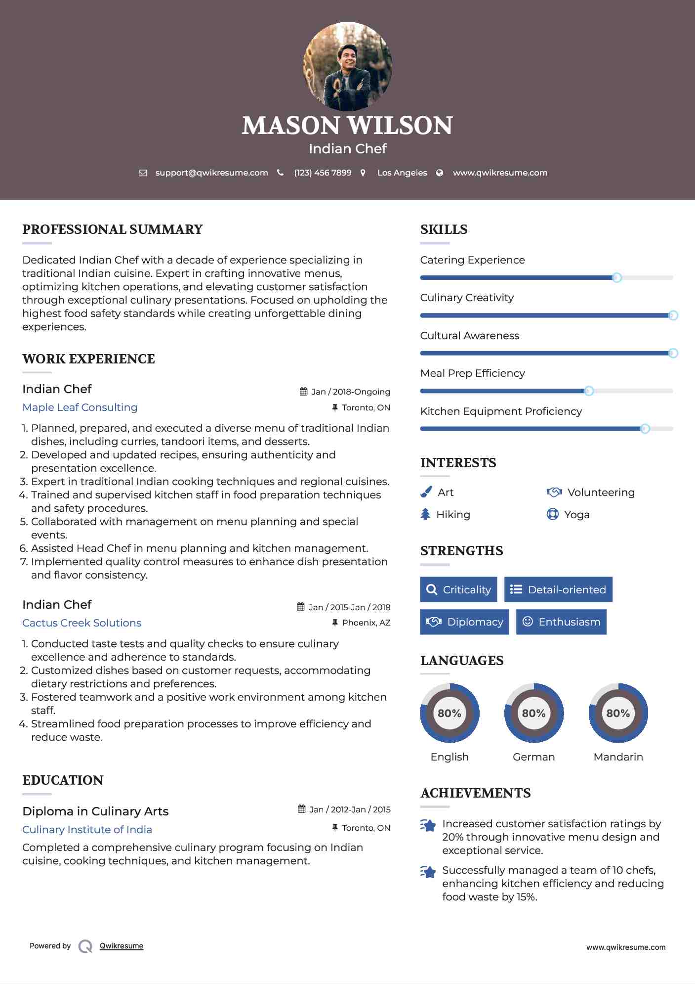 Indian Chef Resume Example