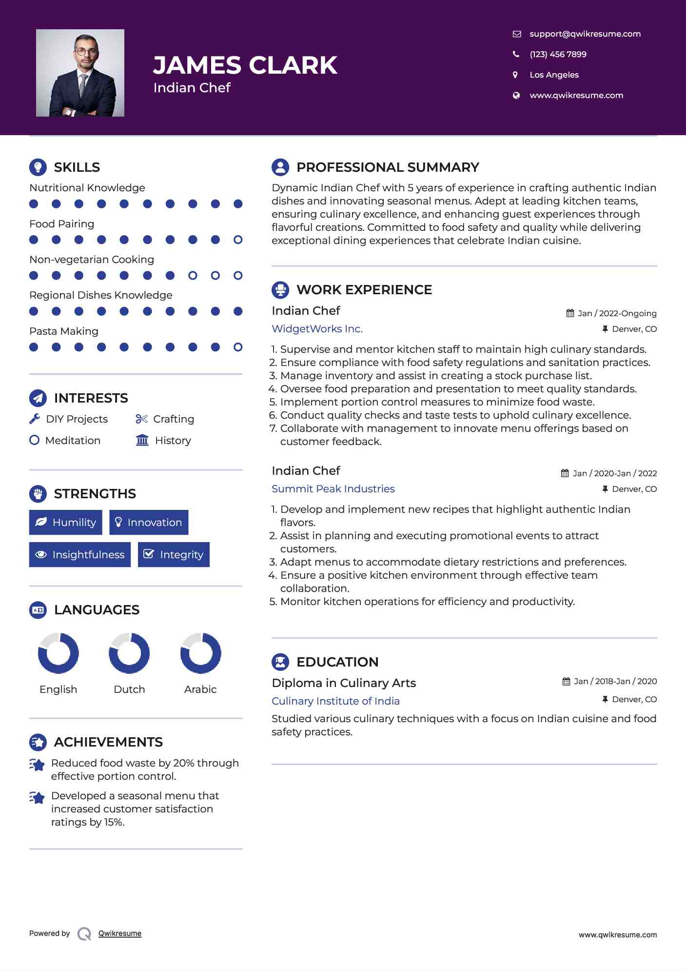 Indian Chef Resume Model