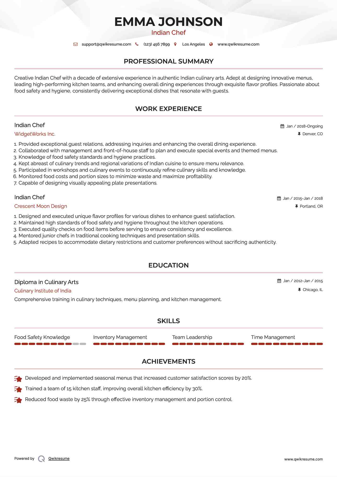Indian Chef Resume Sample