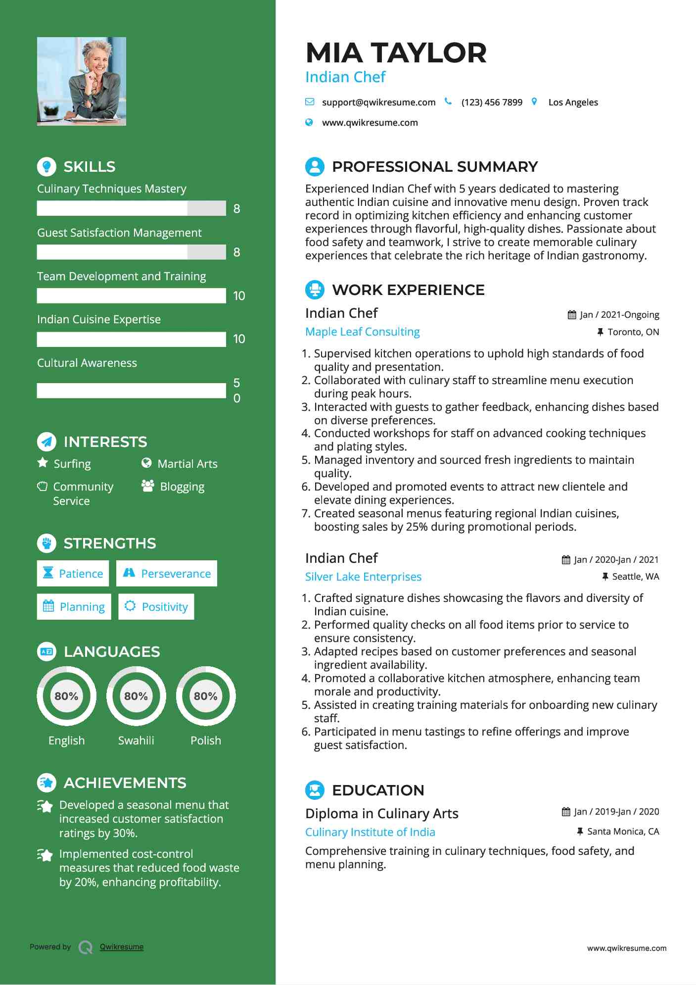 Indian Chef Resume Example