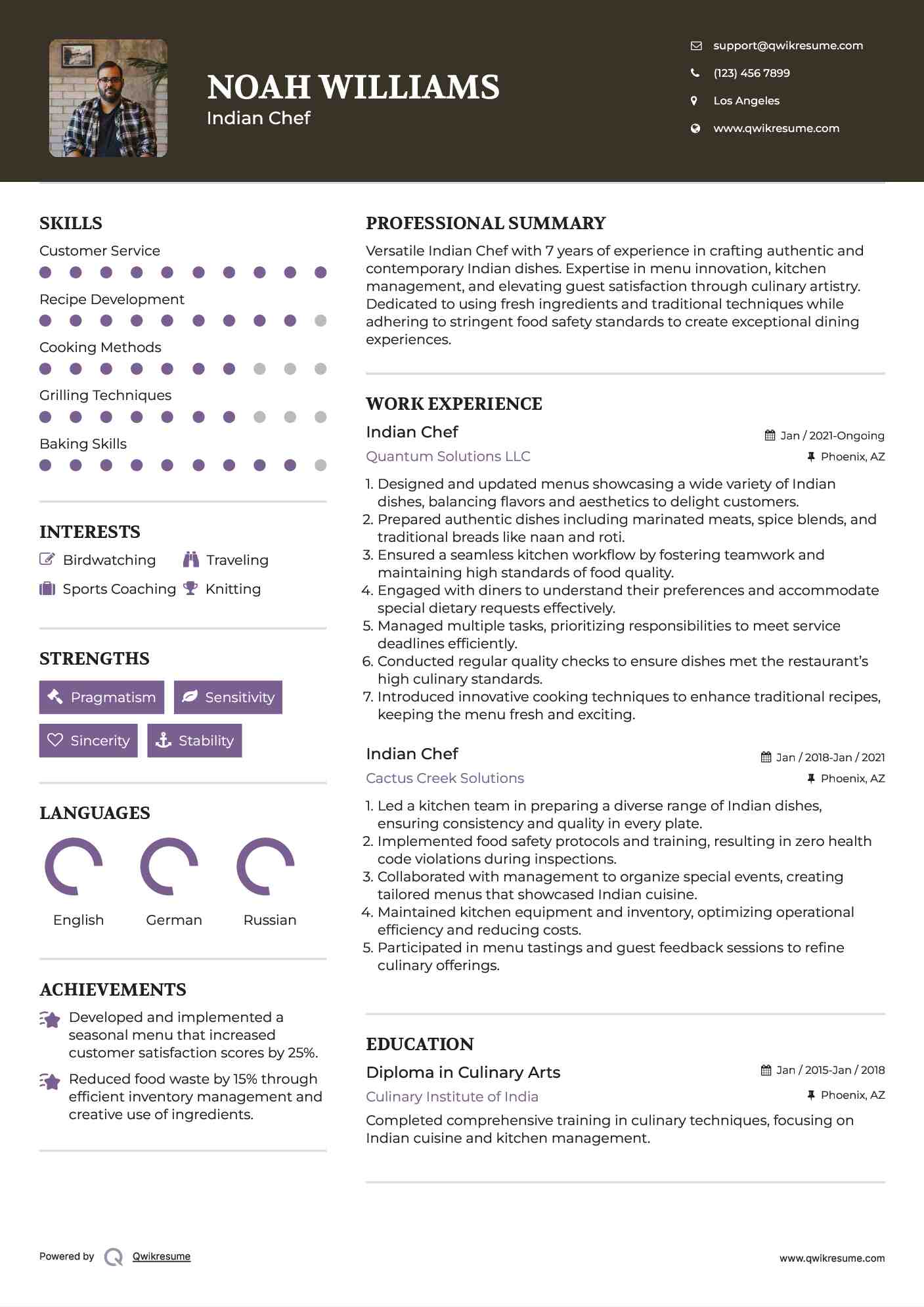 Indian Chef Resume Sample