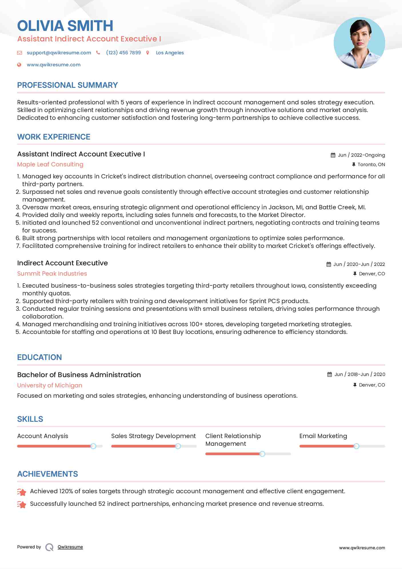 Assistant Indirect Account Executive I Resume Format