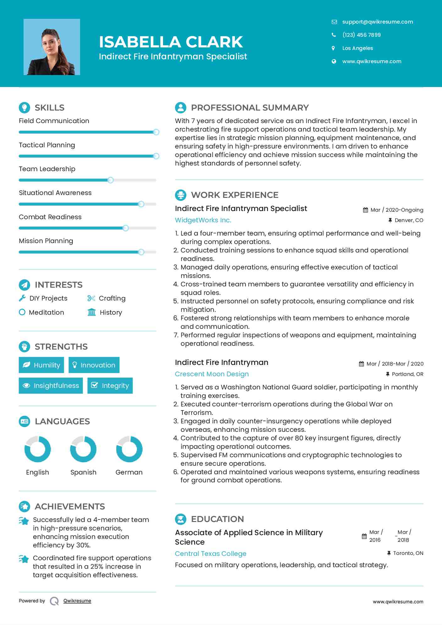 Indirect Fire Infantryman Specialist Resume Template