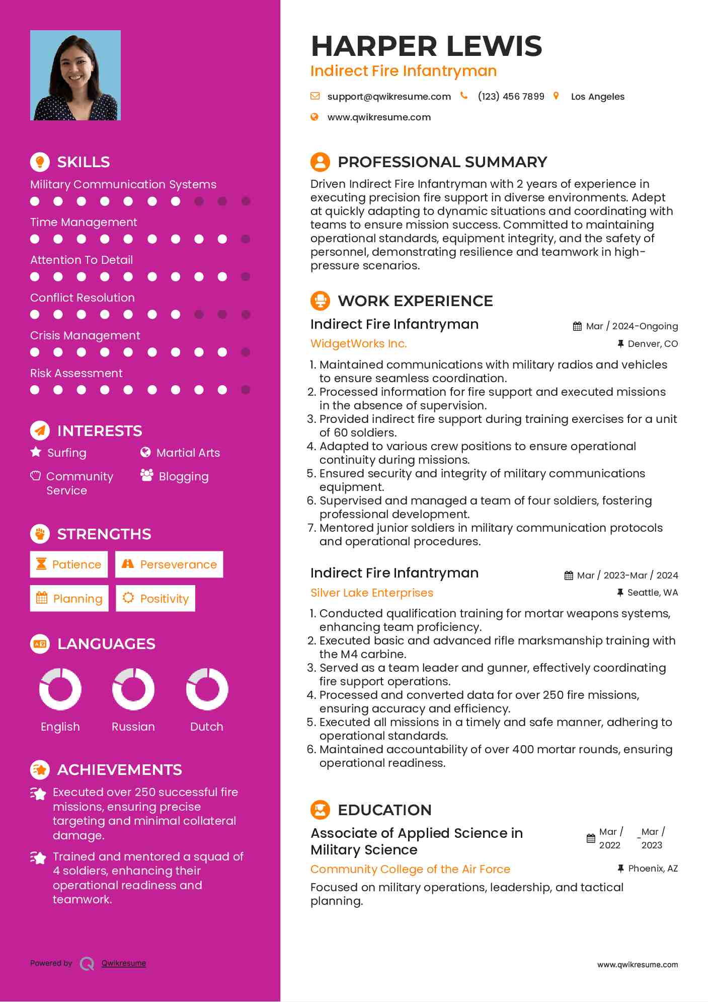 Indirect Fire Infantryman Resume Template
