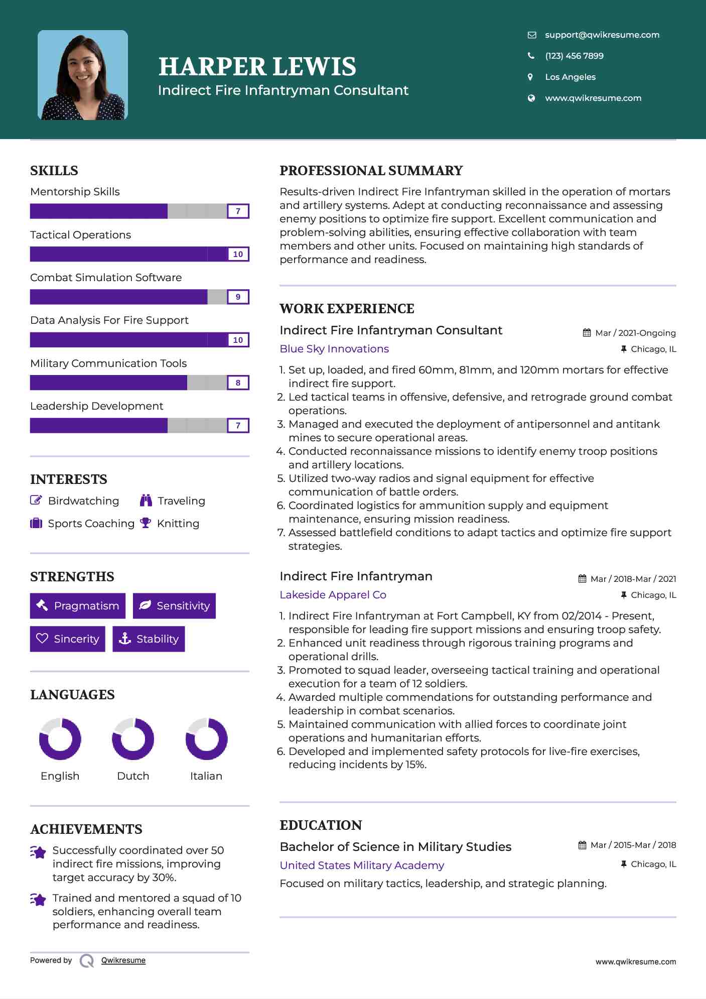 Indirect Fire Infantryman Consultant Resume Model