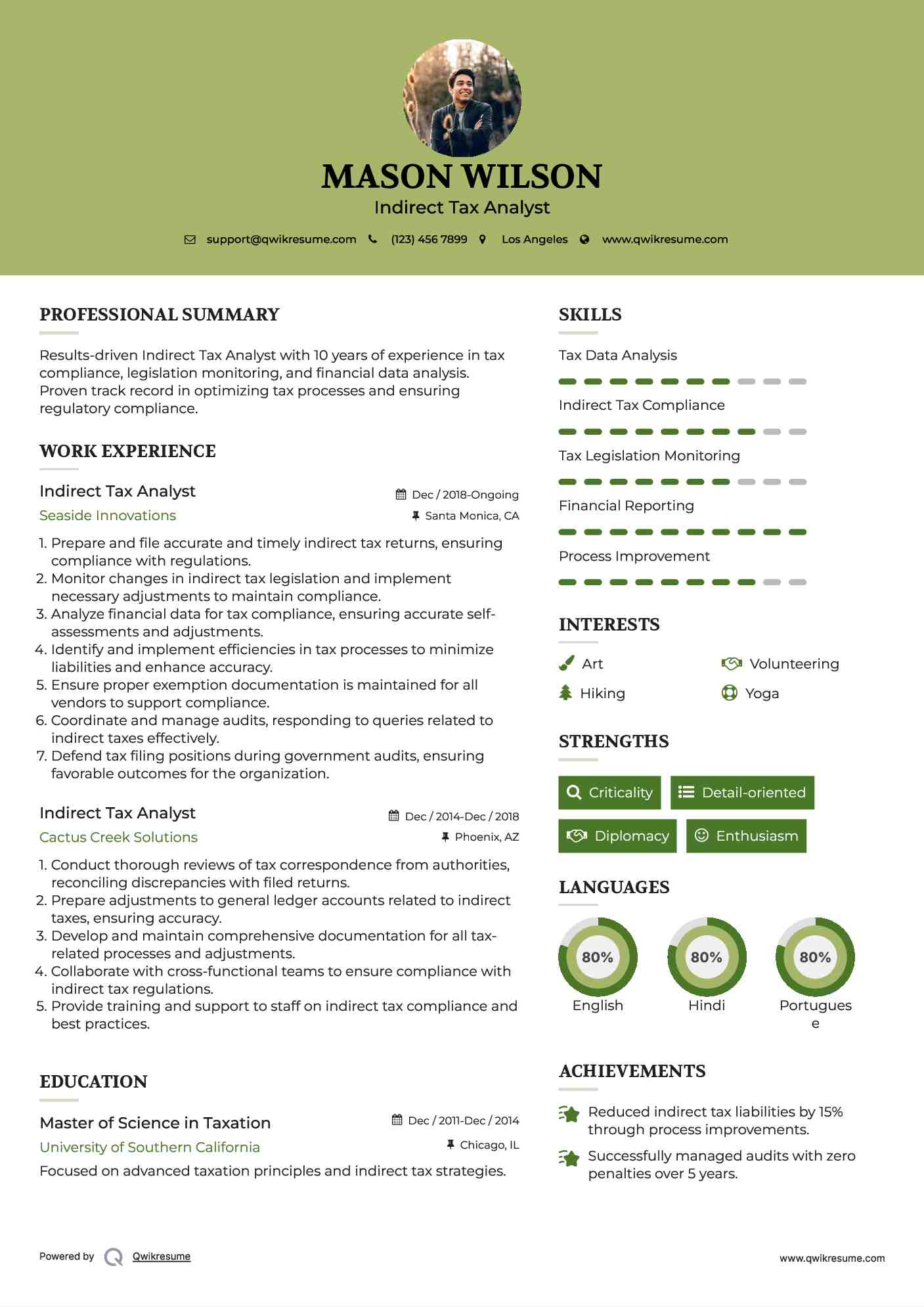 Indirect Tax Analyst Resume Model