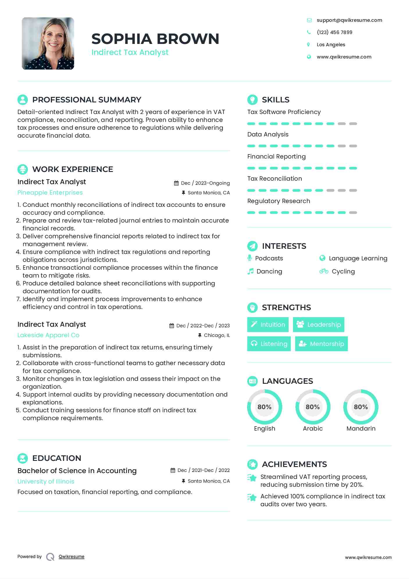 Indirect Tax Analyst Resume Format