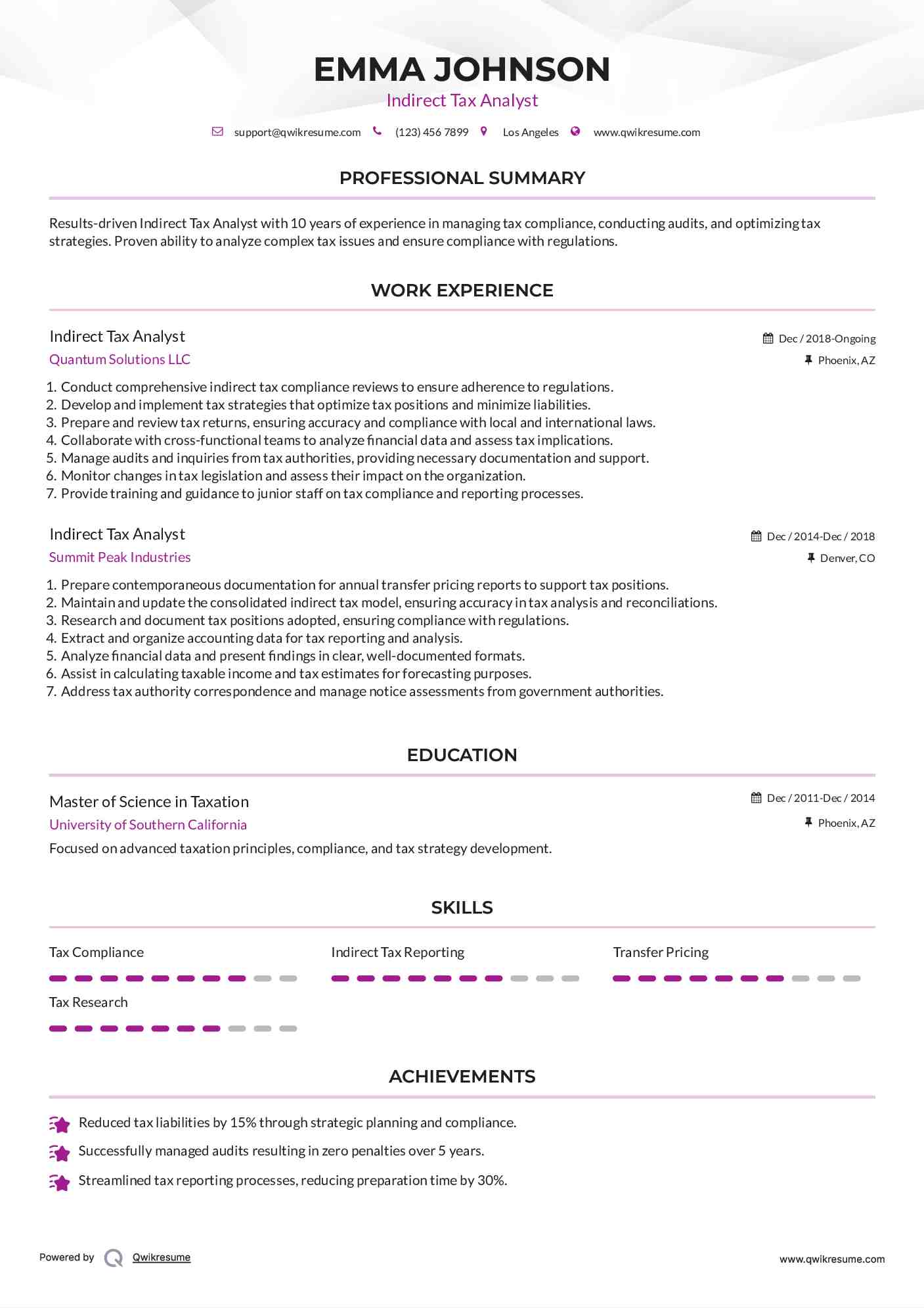 Indirect Tax Analyst Resume Template