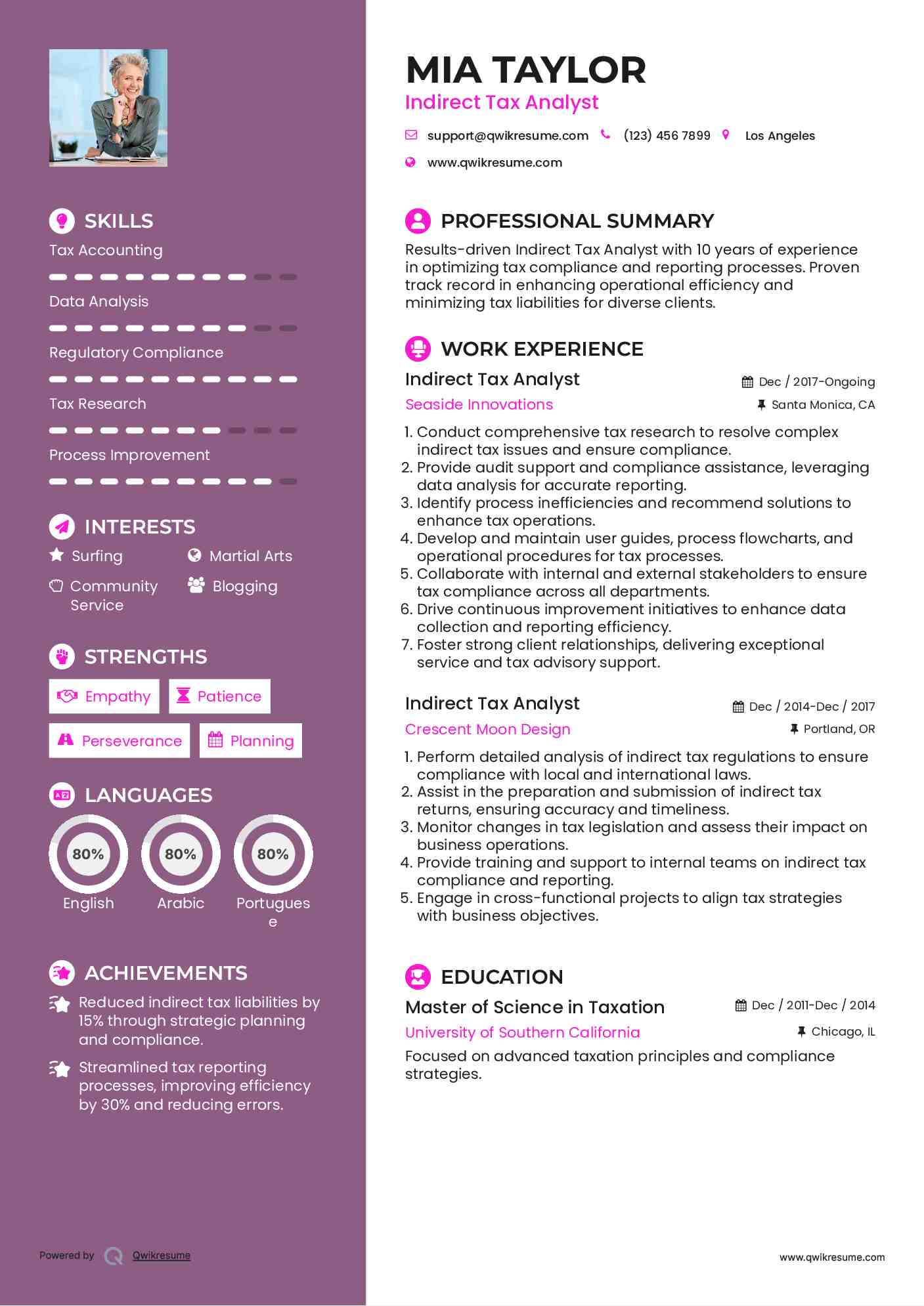 Indirect Tax Analyst Resume Template