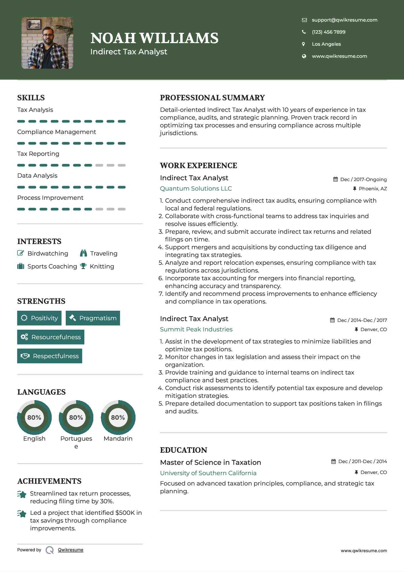 Indirect Tax Analyst Resume Sample