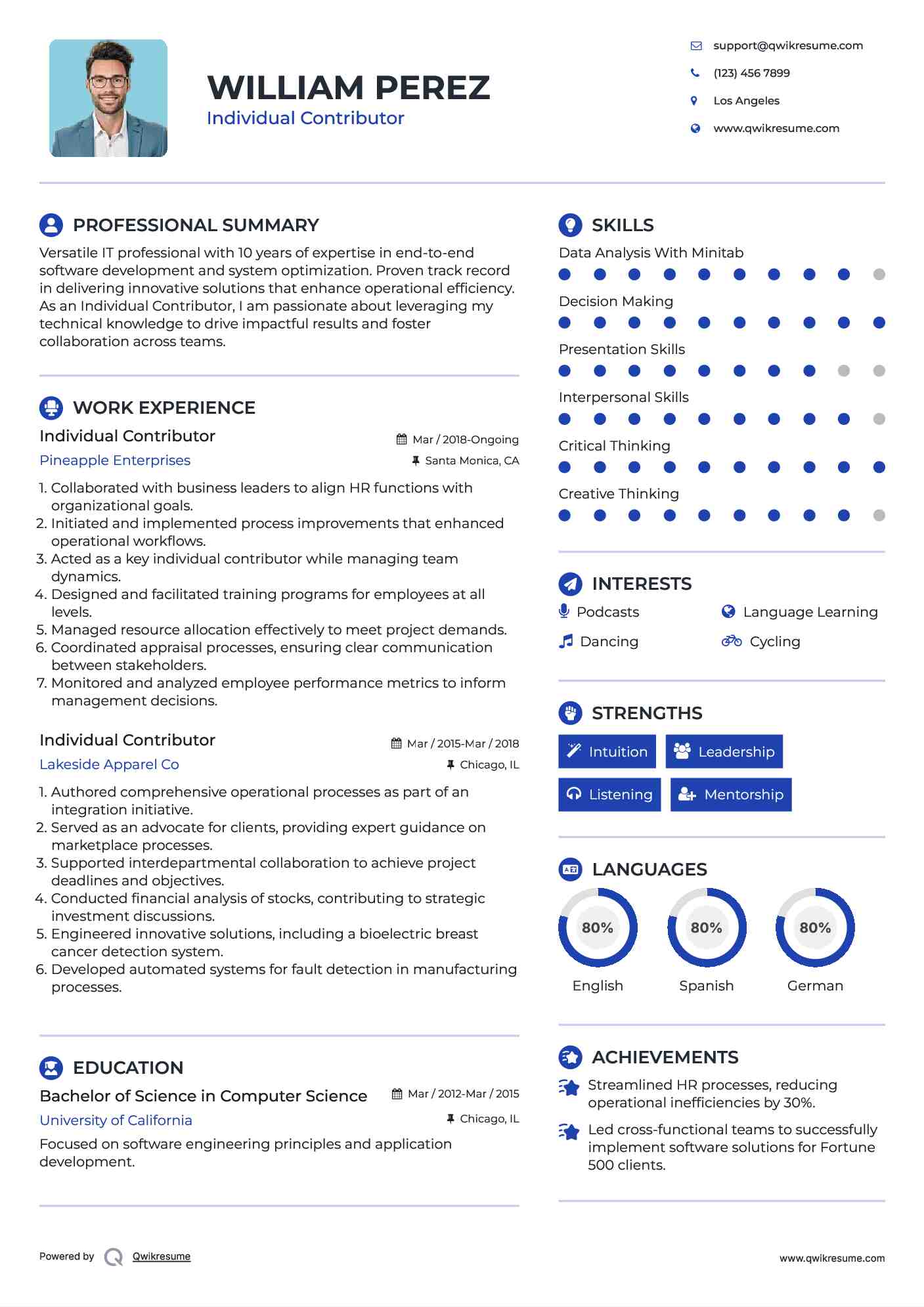 Individual Contributor Resume Samples QwikResume