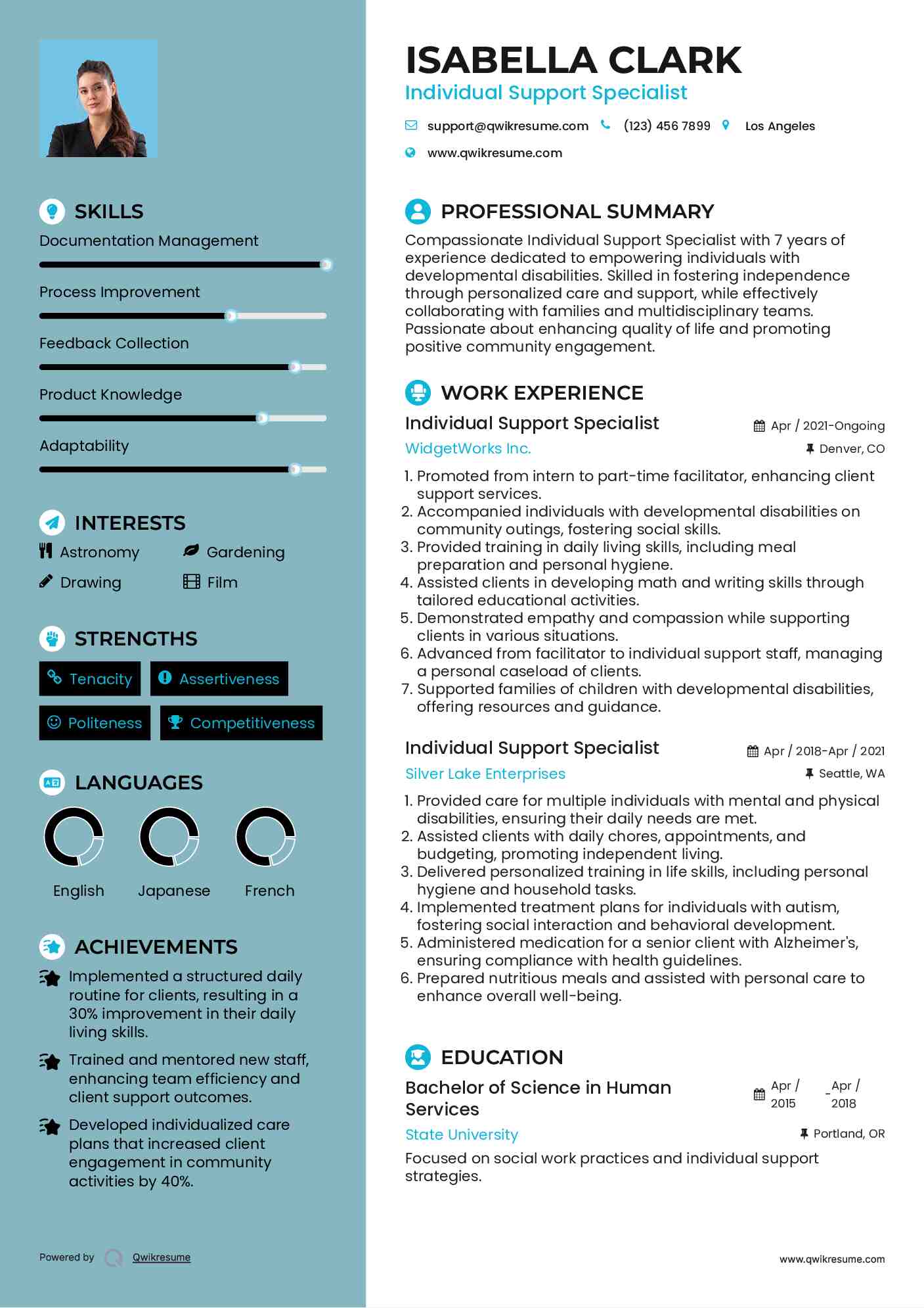 Individual Support Specialist Resume Sample