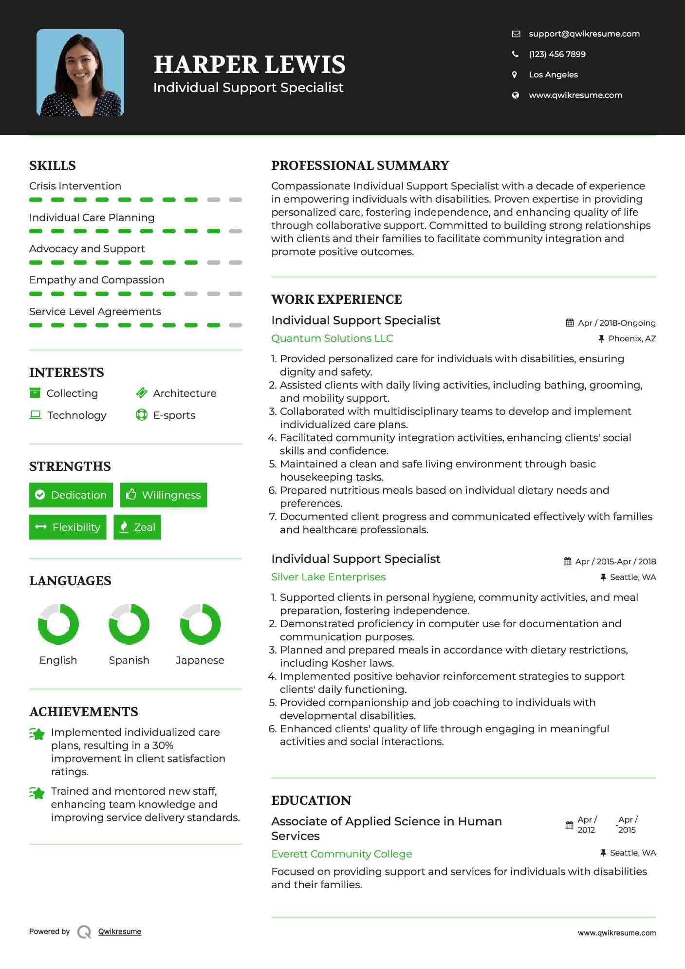 Individual Support Specialist Resume Sample