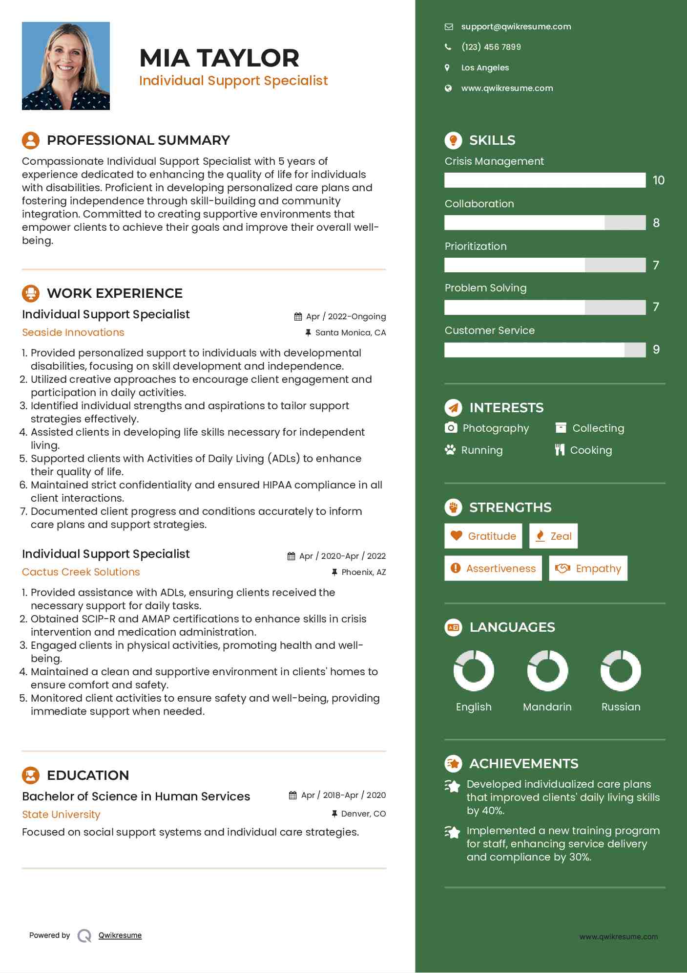 Individual Support Specialist Resume Template