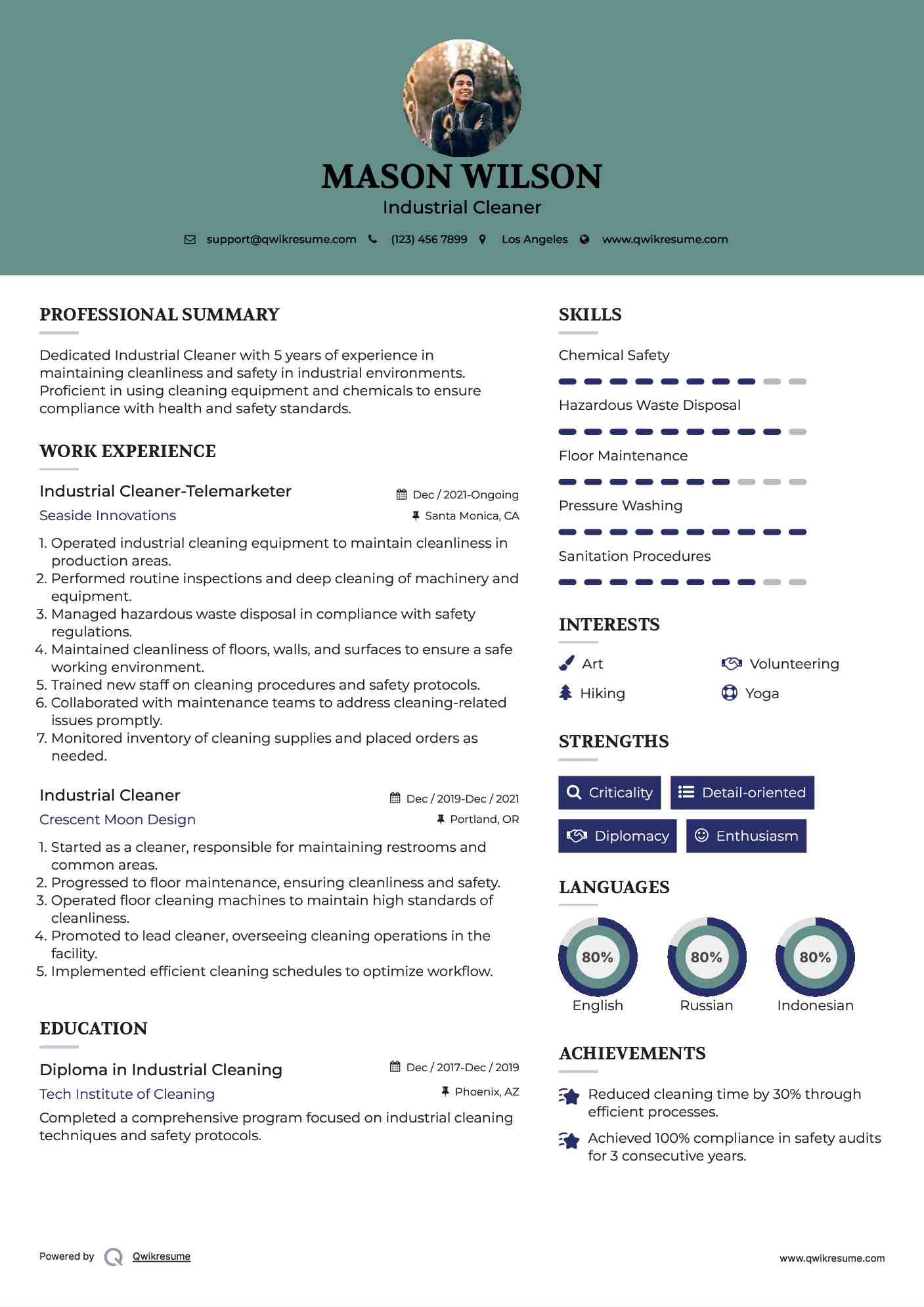 Industrial Cleaner-Telemarketer Resume Sample