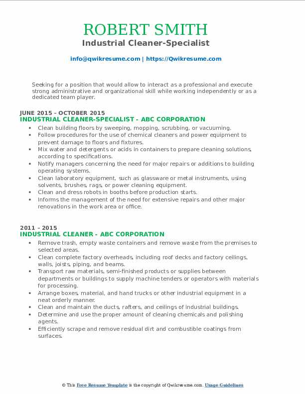 Industrial Cleaner Resume Samples QwikResume