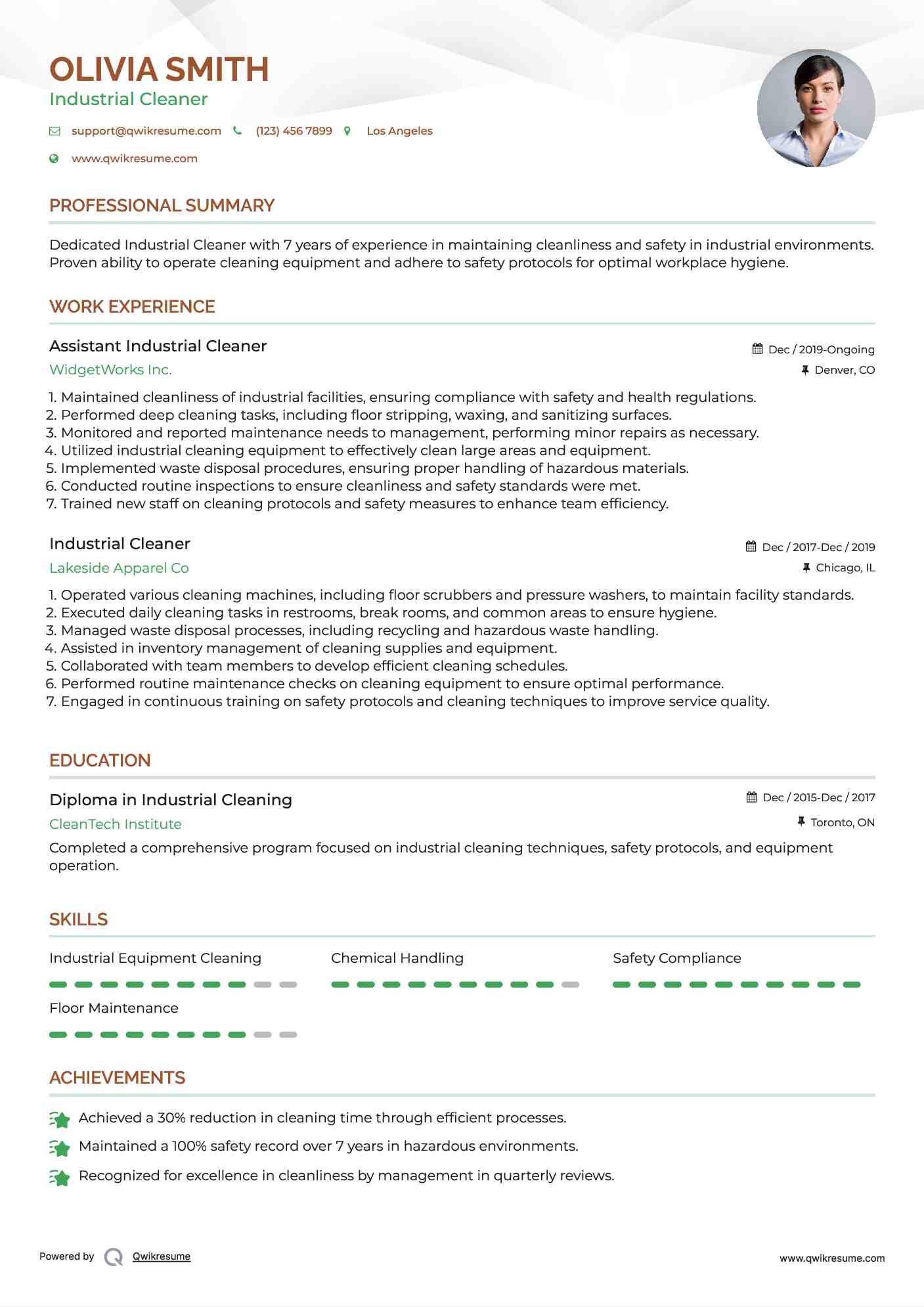 Assistant Industrial Cleaner Resume Model
