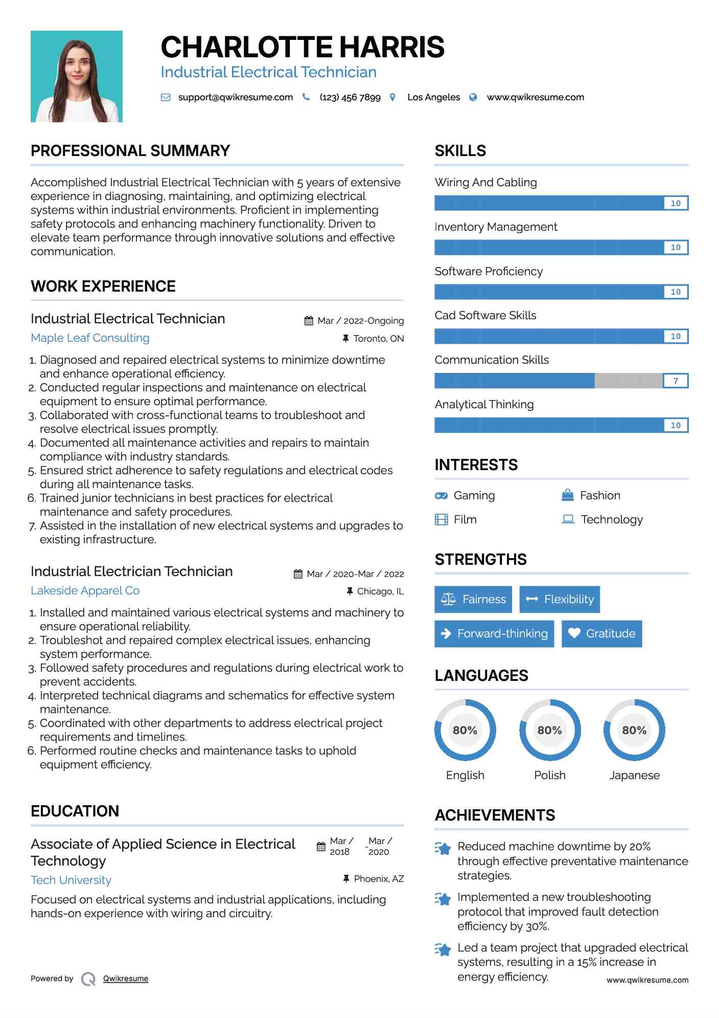 Industrial Electrical Technician Resume Model