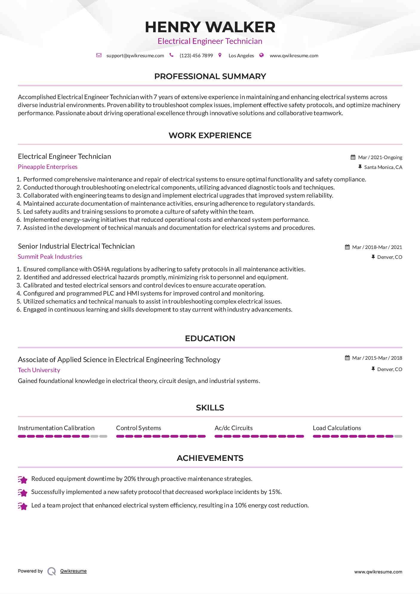 Electrical Engineer Technician Resume Format