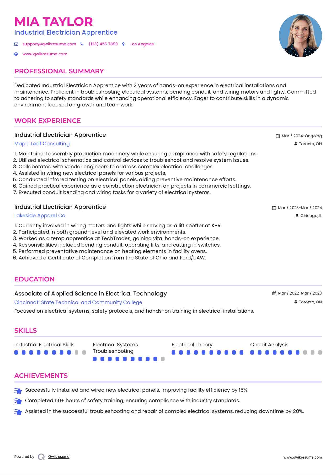 Industrial Electrician Apprentice Resume Example