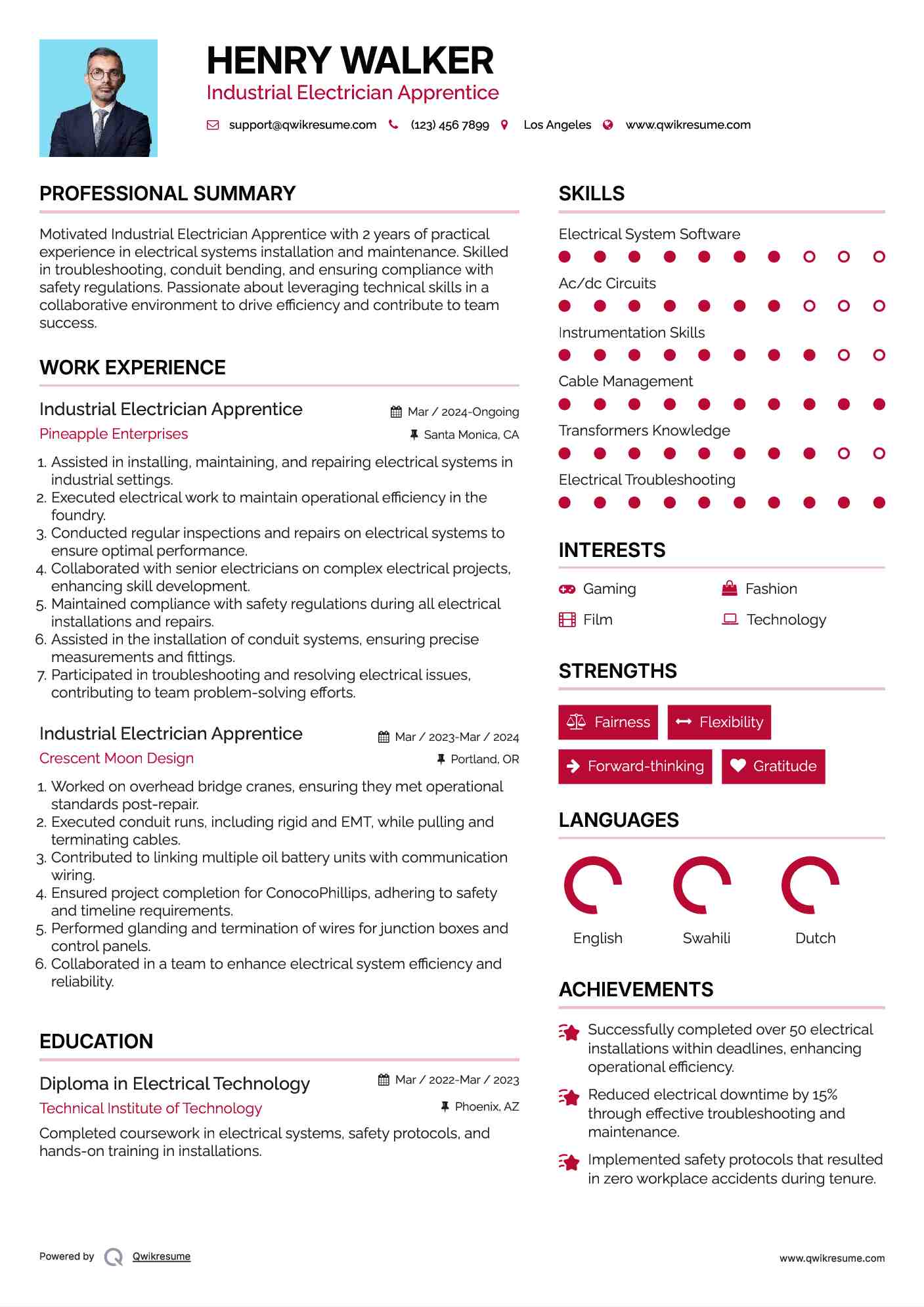 Industrial Electrician Apprentice Resume Template
