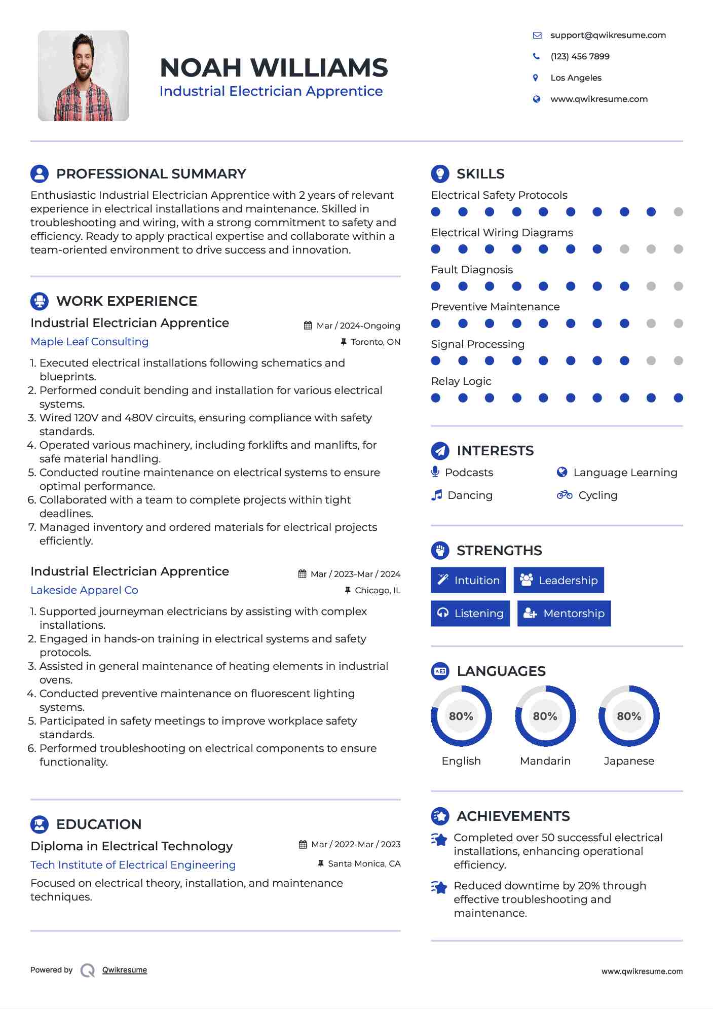 Industrial Electrician Apprentice Resume Example