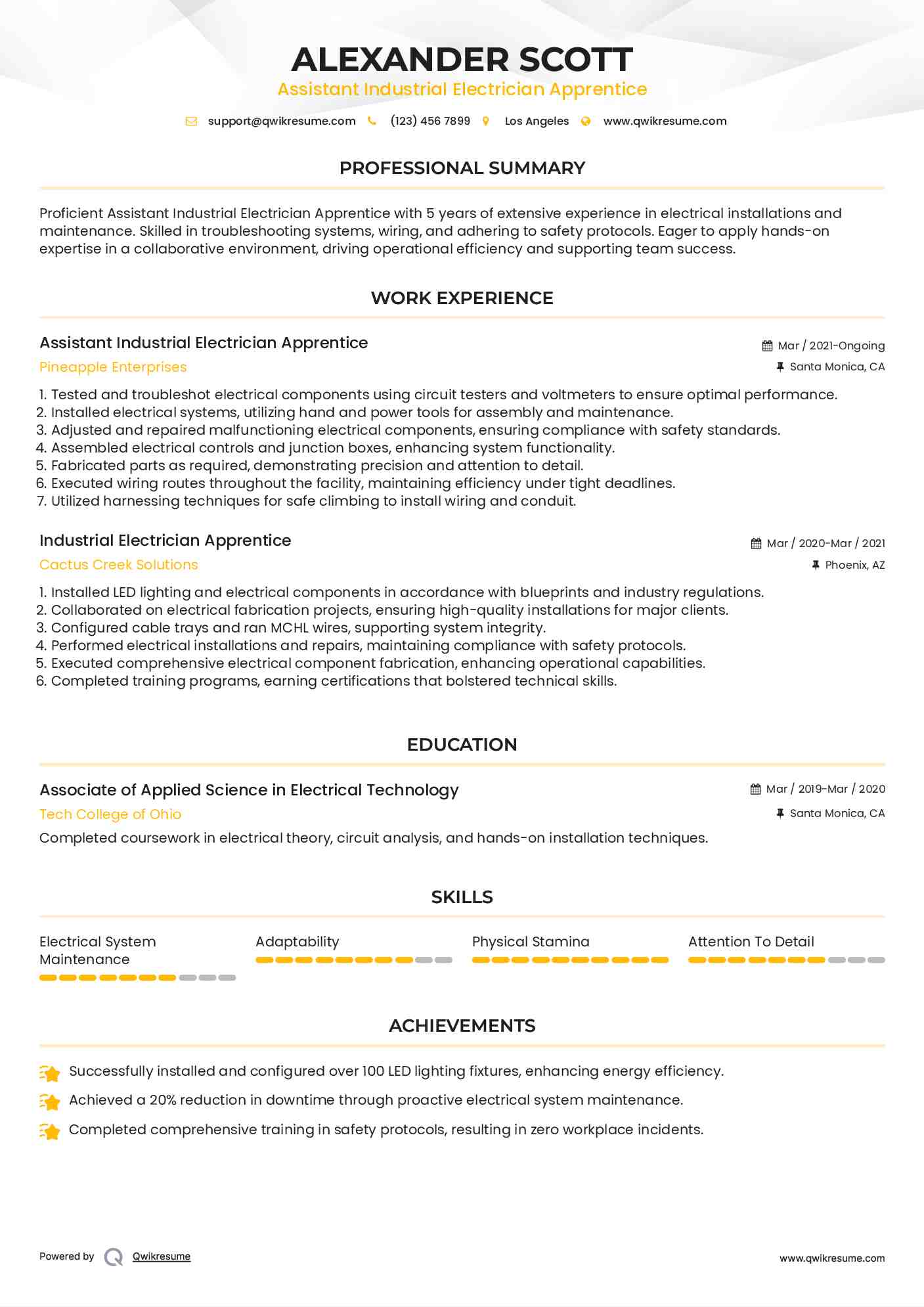 Assistant Industrial Electrician Apprentice Resume Model