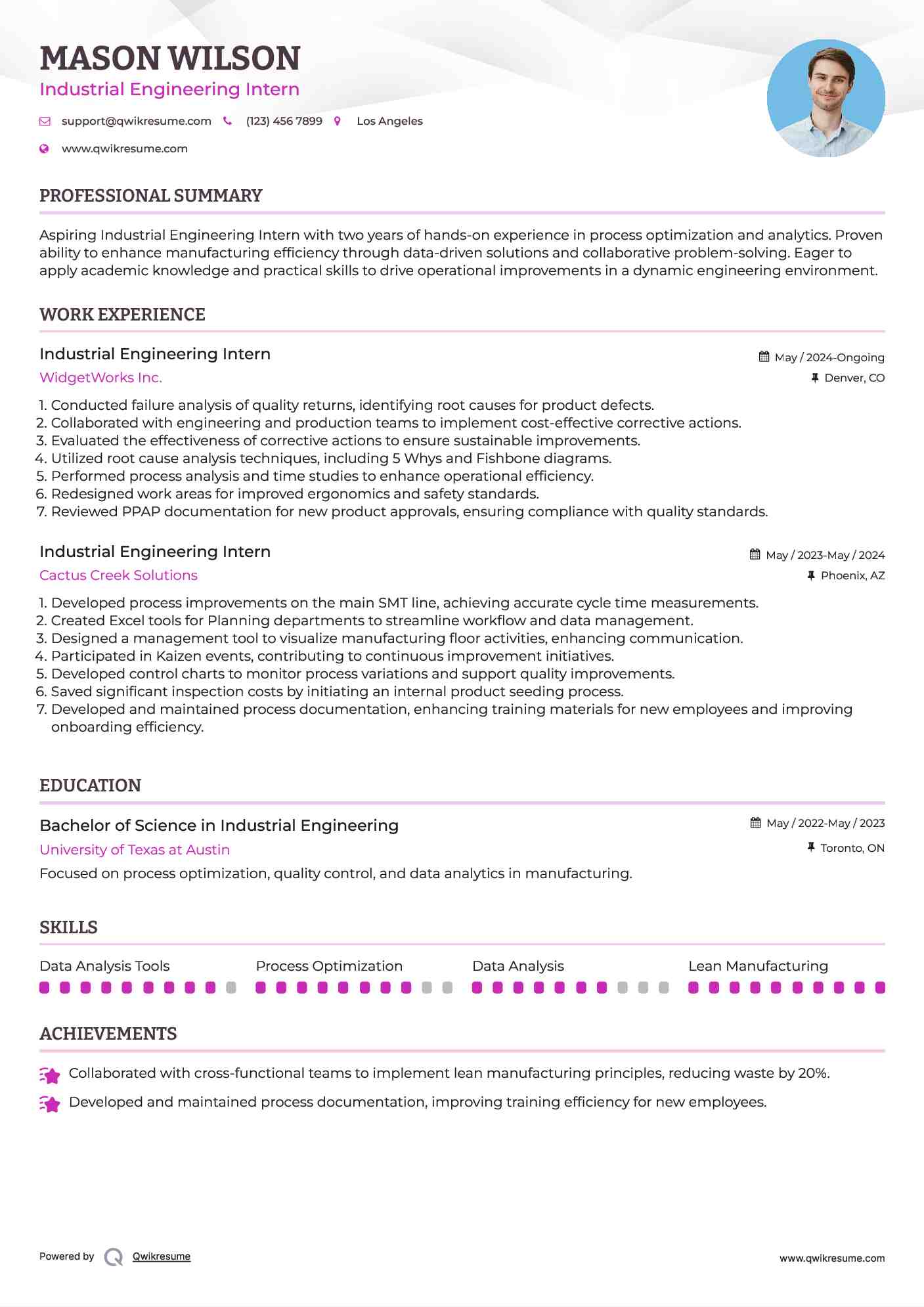 Industrial Engineering Intern Resume Example