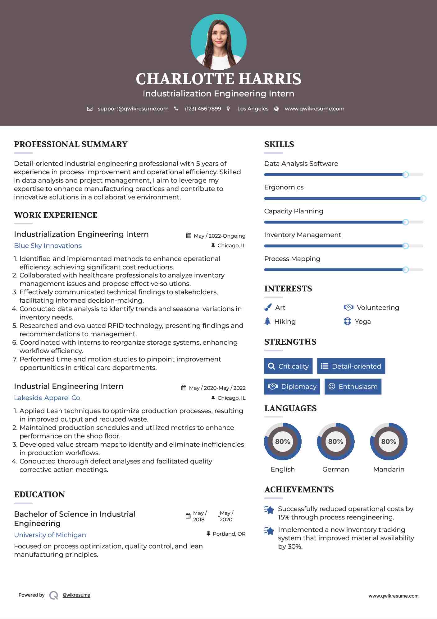 Industrialization Engineering Intern Resume Sample