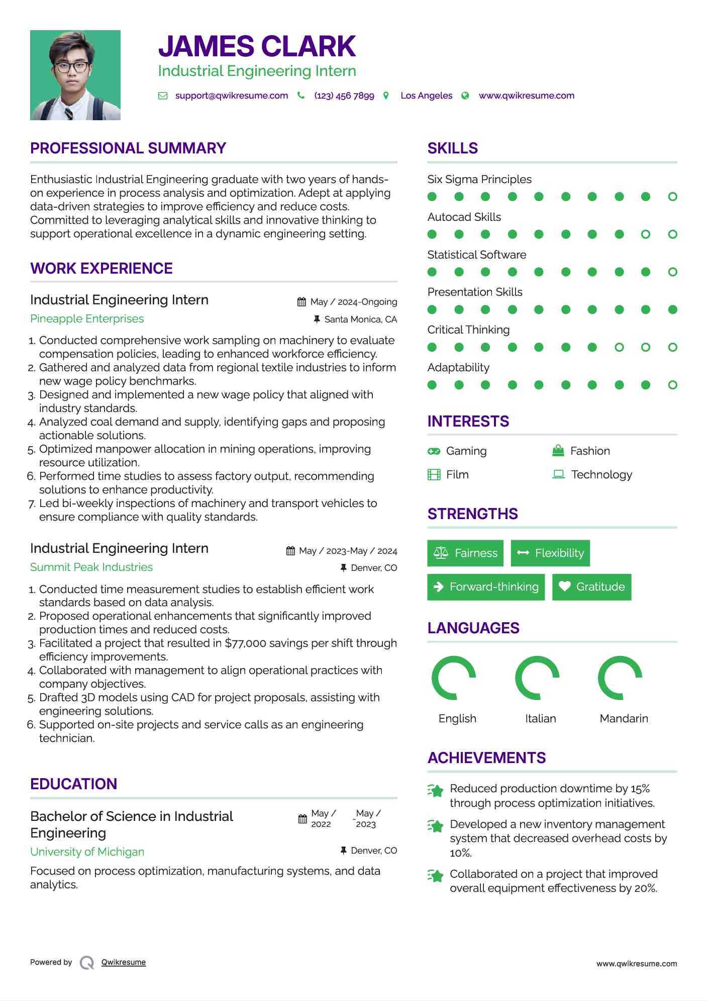 Industrial Engineering Intern Resume Model