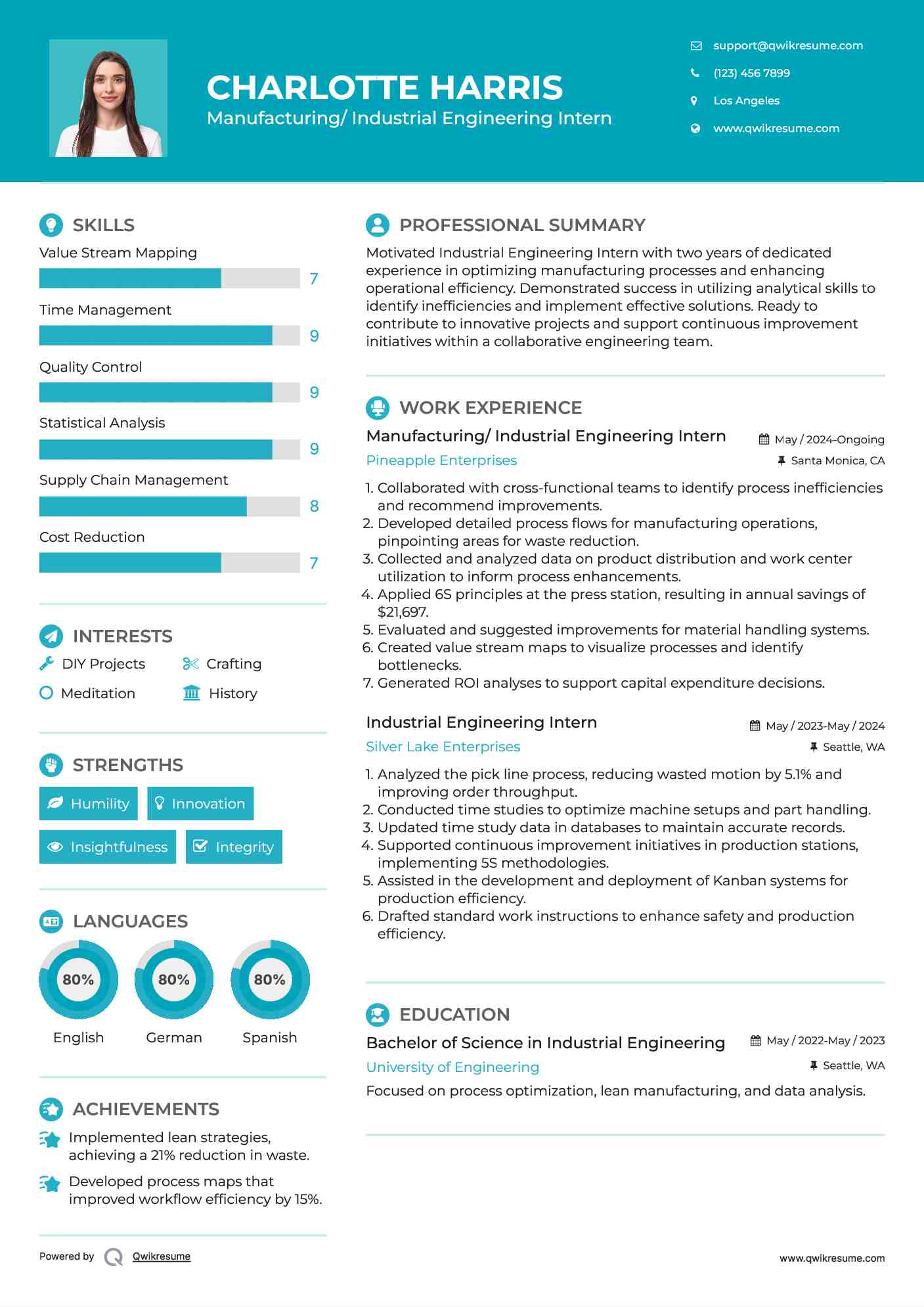 Industrial Engineering Intern Resume Samples | QwikResume