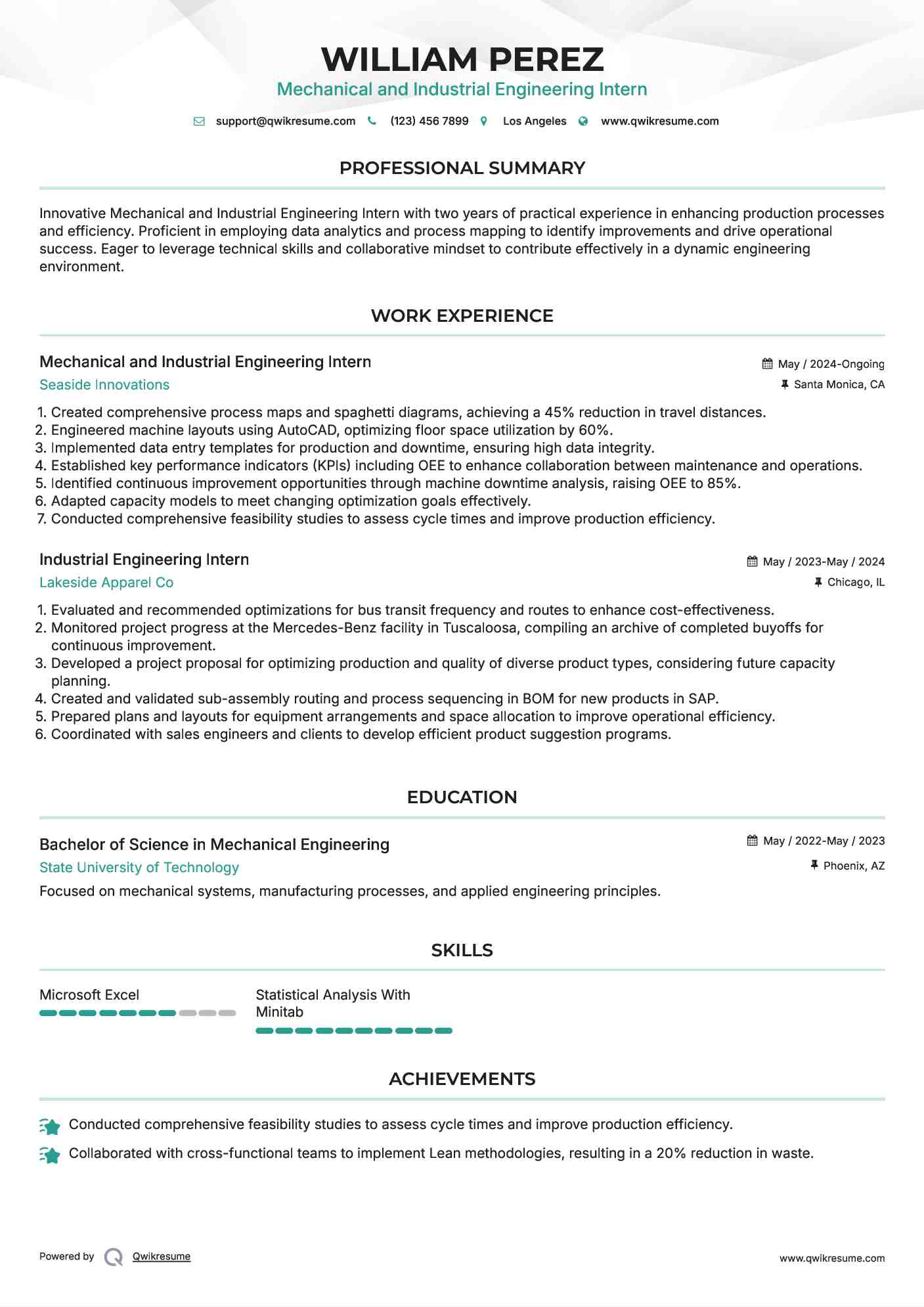 Mechanical and Industrial Engineering Intern Resume Format