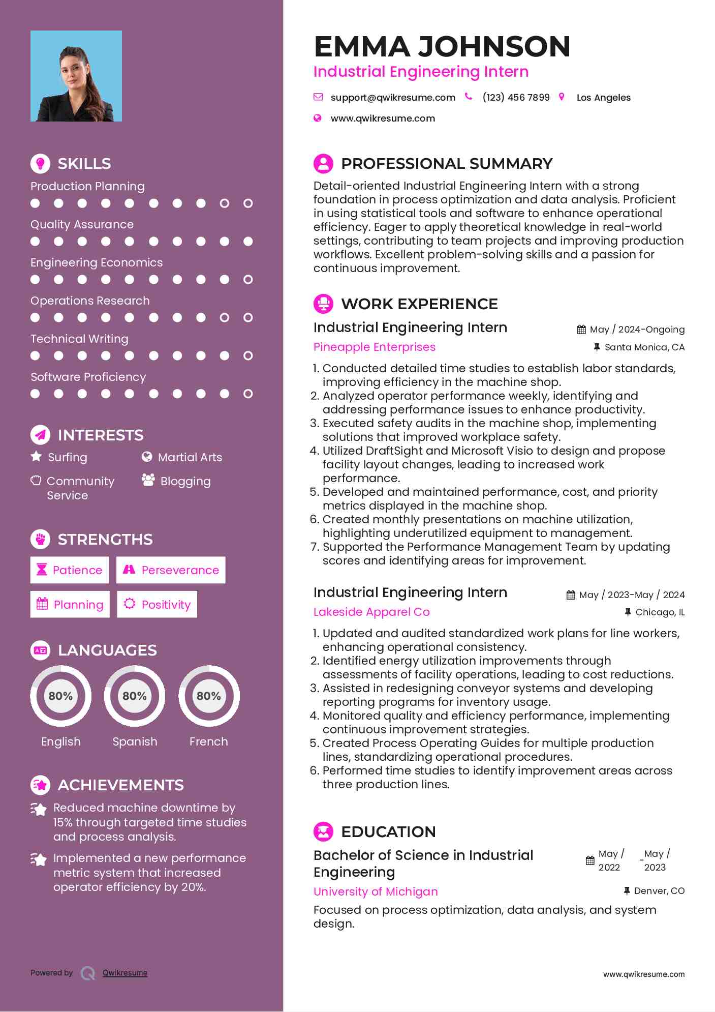 Industrial Engineering Intern Resume Samples QwikResume