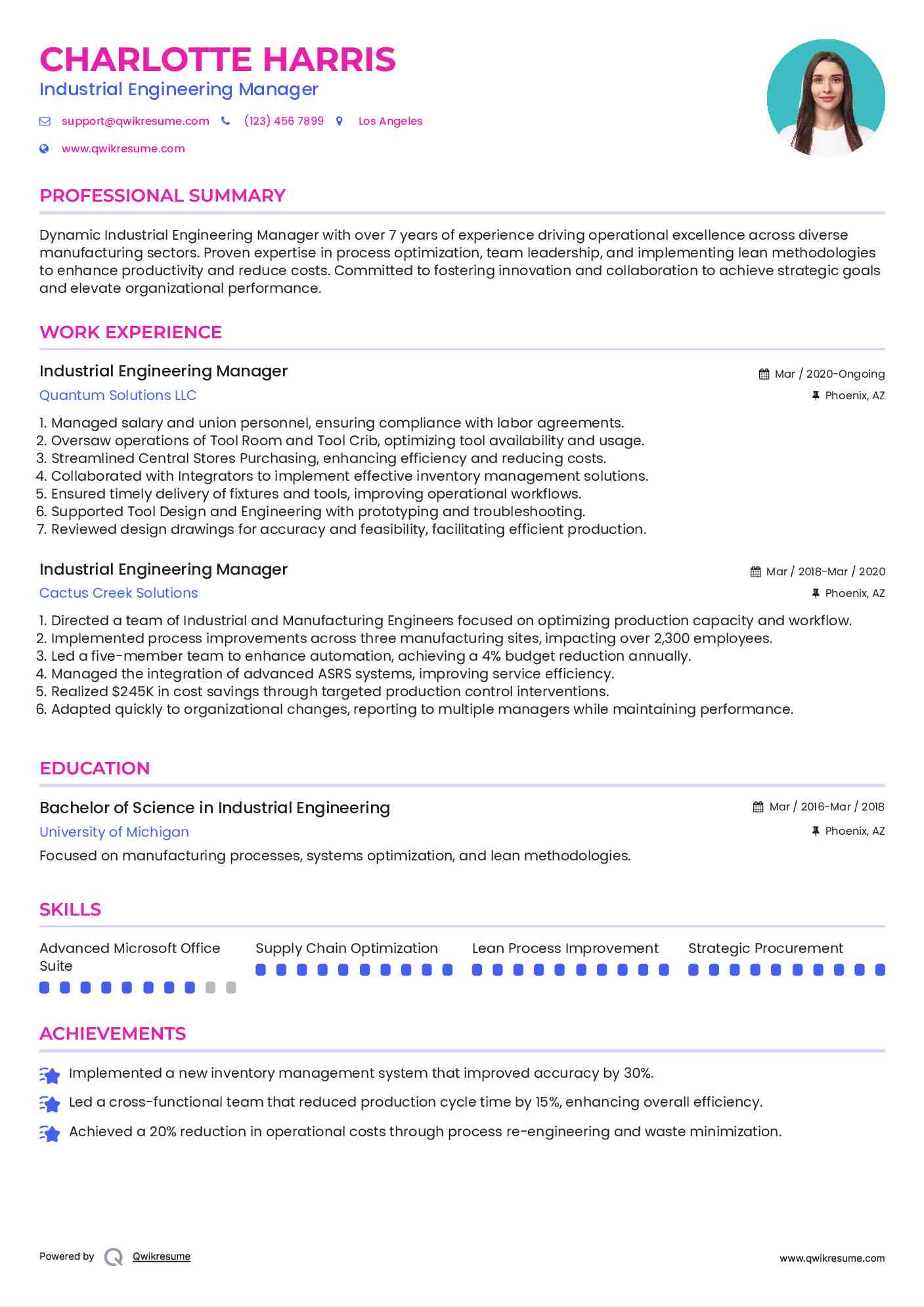 Industrial Engineering Manager Resume Template