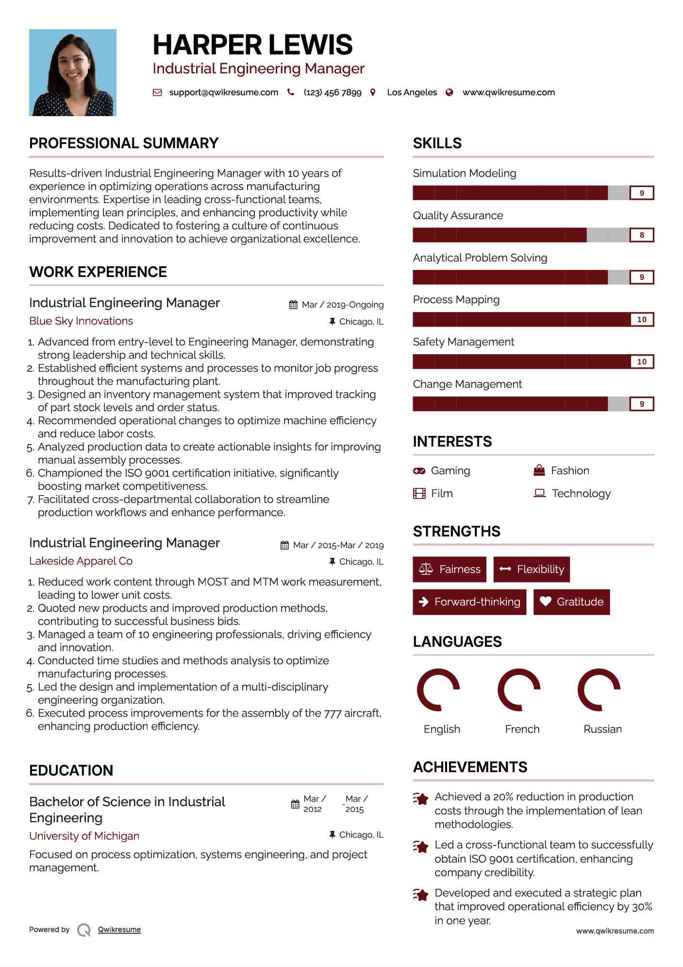 Industrial Engineering Manager Resume Format