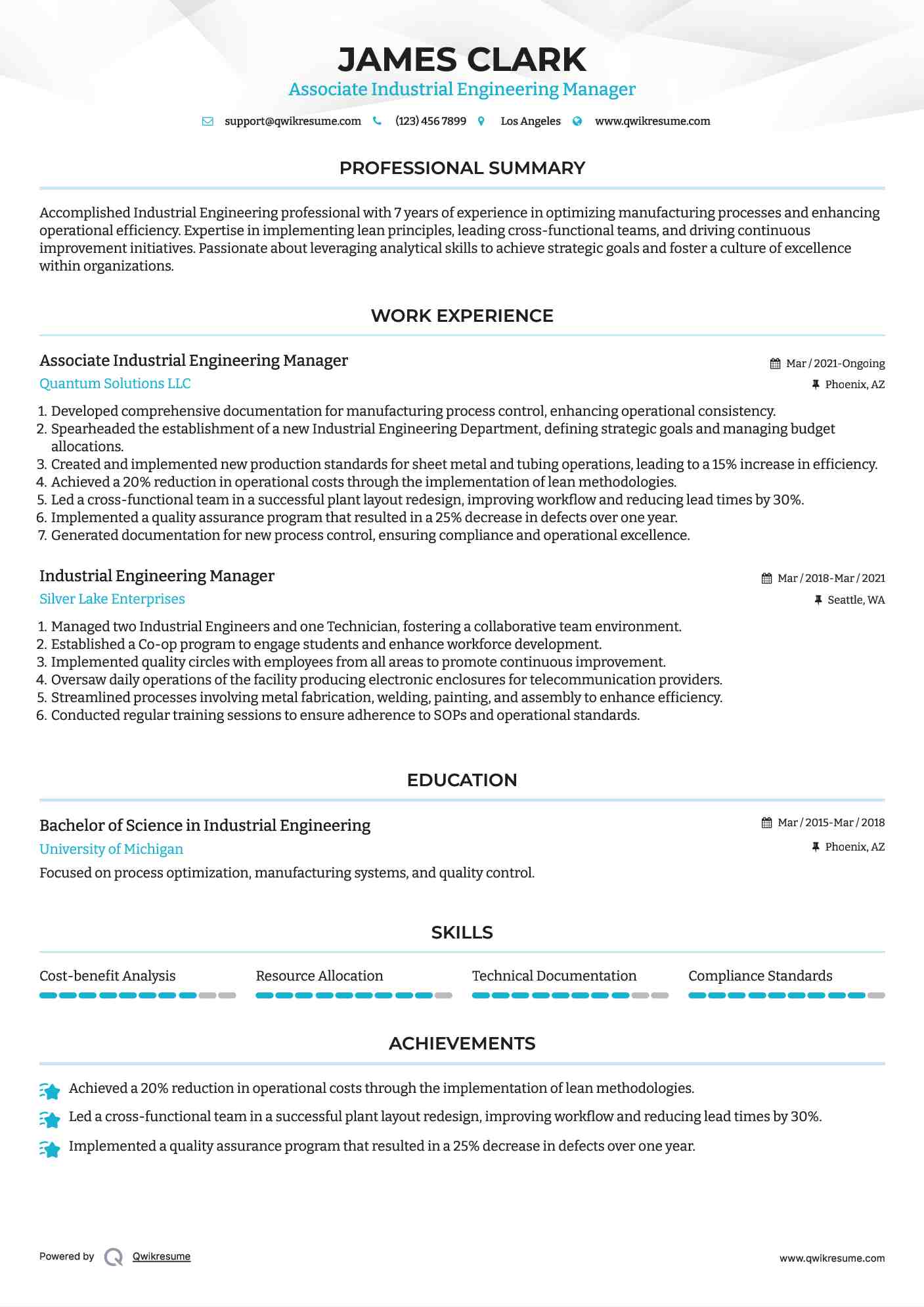 Associate Industrial Engineering Manager Resume Sample