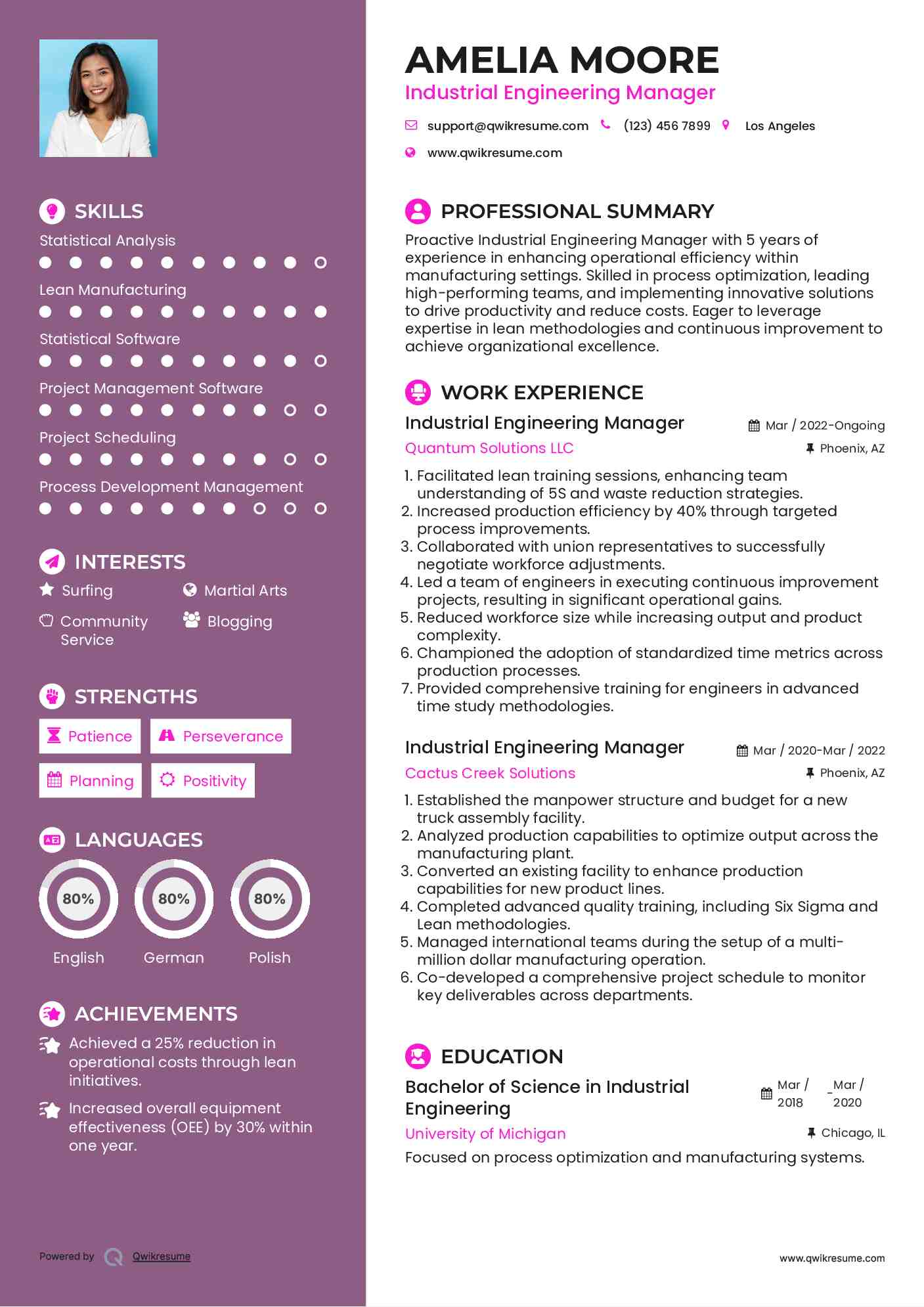 Industrial Engineering Manager Resume Example