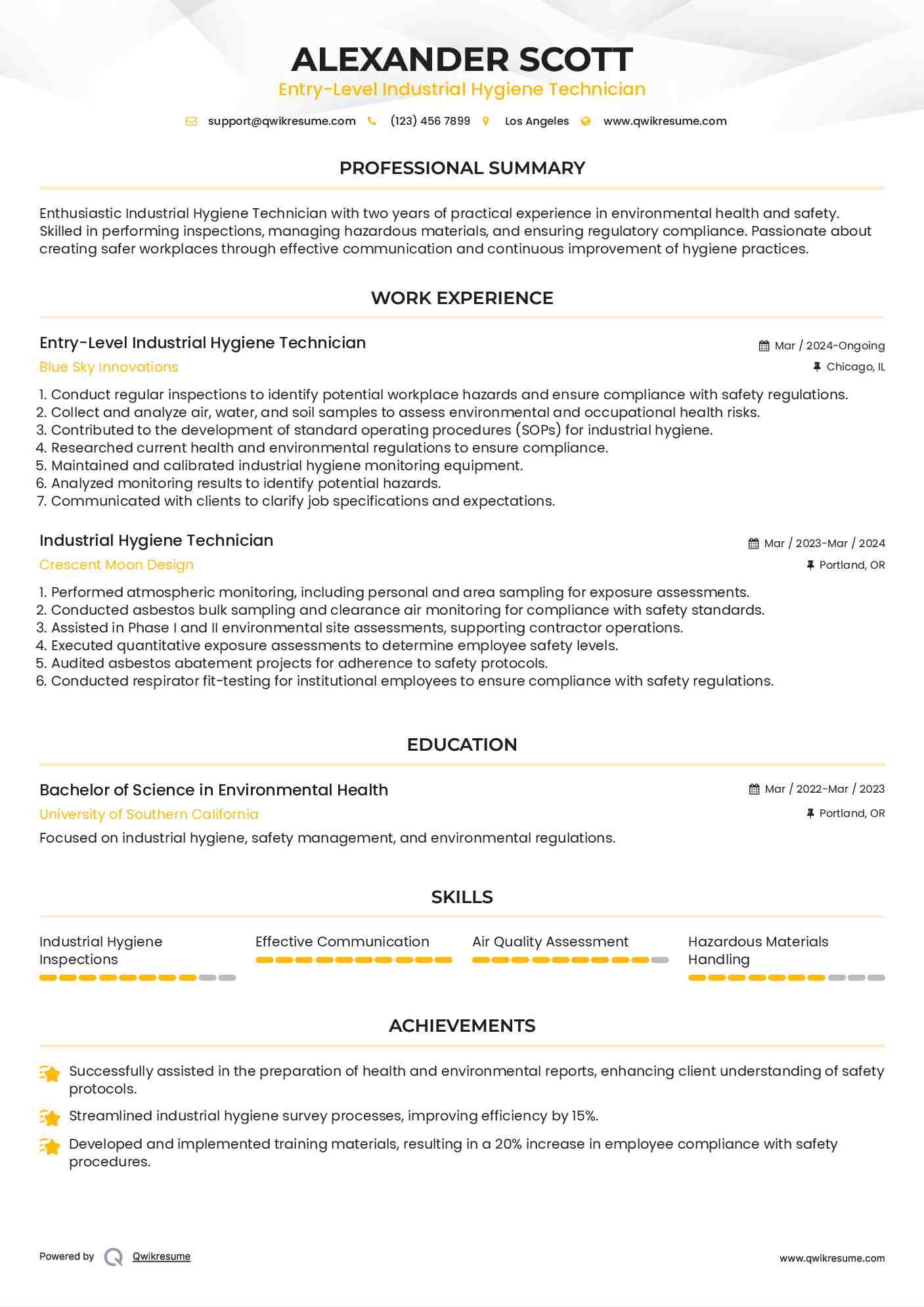 Entry-Level Industrial Hygiene Technician Resume Template