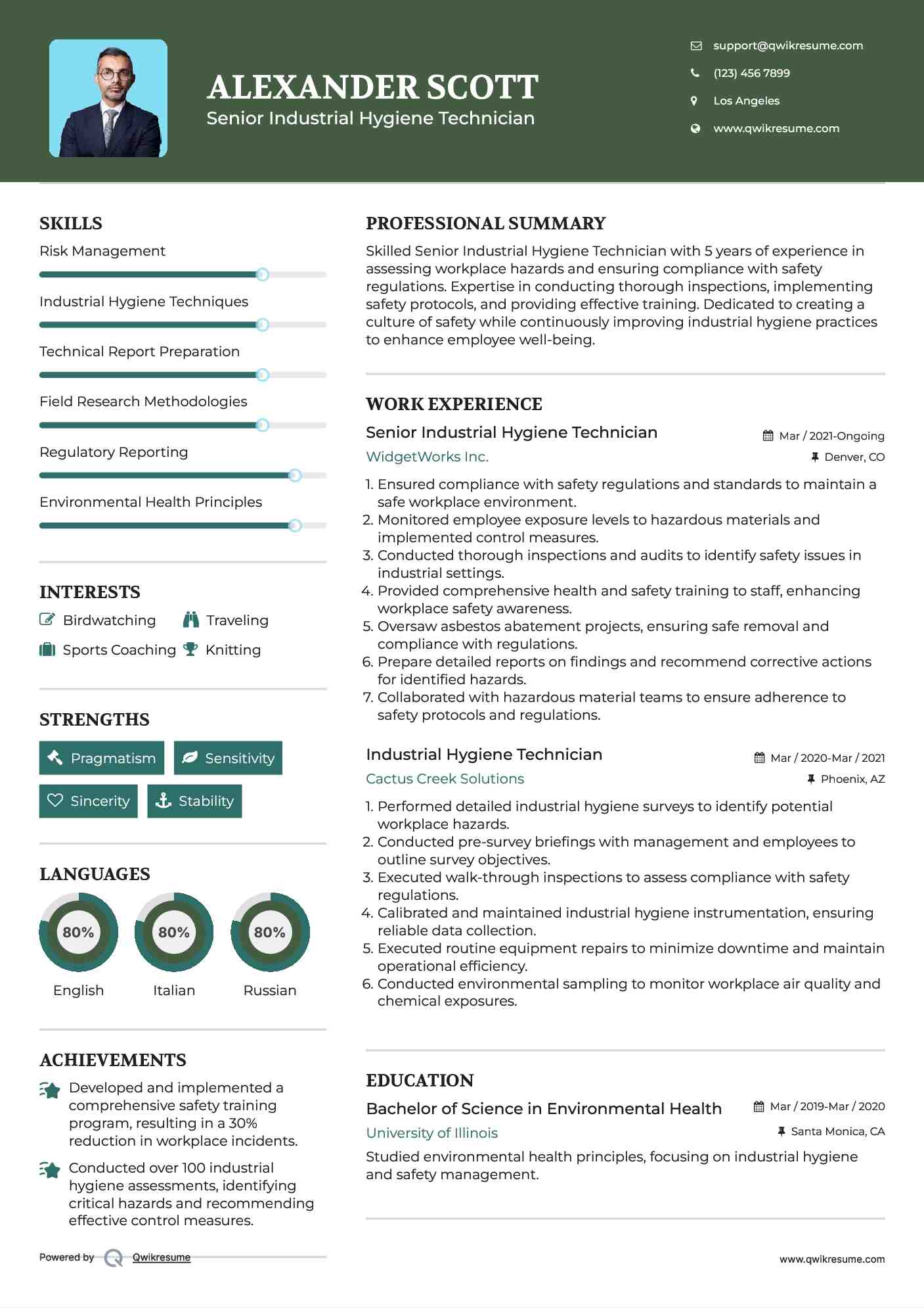 Senior Industrial Hygiene Technician Resume Sample