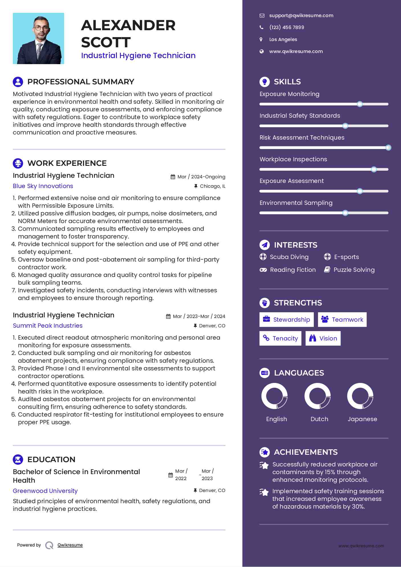 Industrial Hygiene Technician Resume Samples | QwikResume