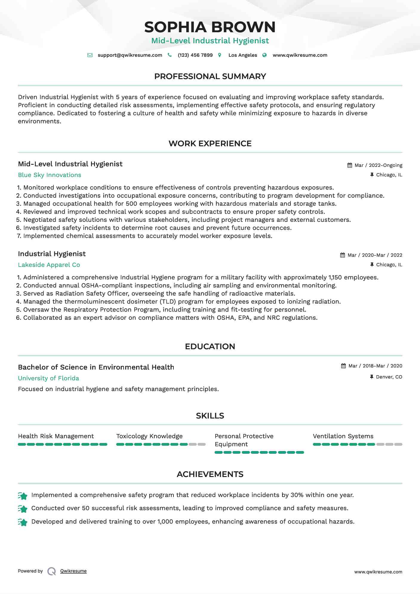 Mid-Level Industrial Hygienist Resume Format